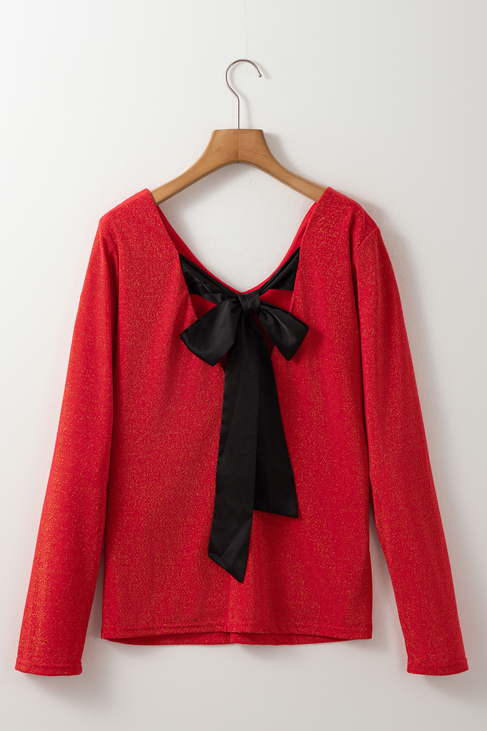 Red Metallic Bowknot Open Back V Neck Top