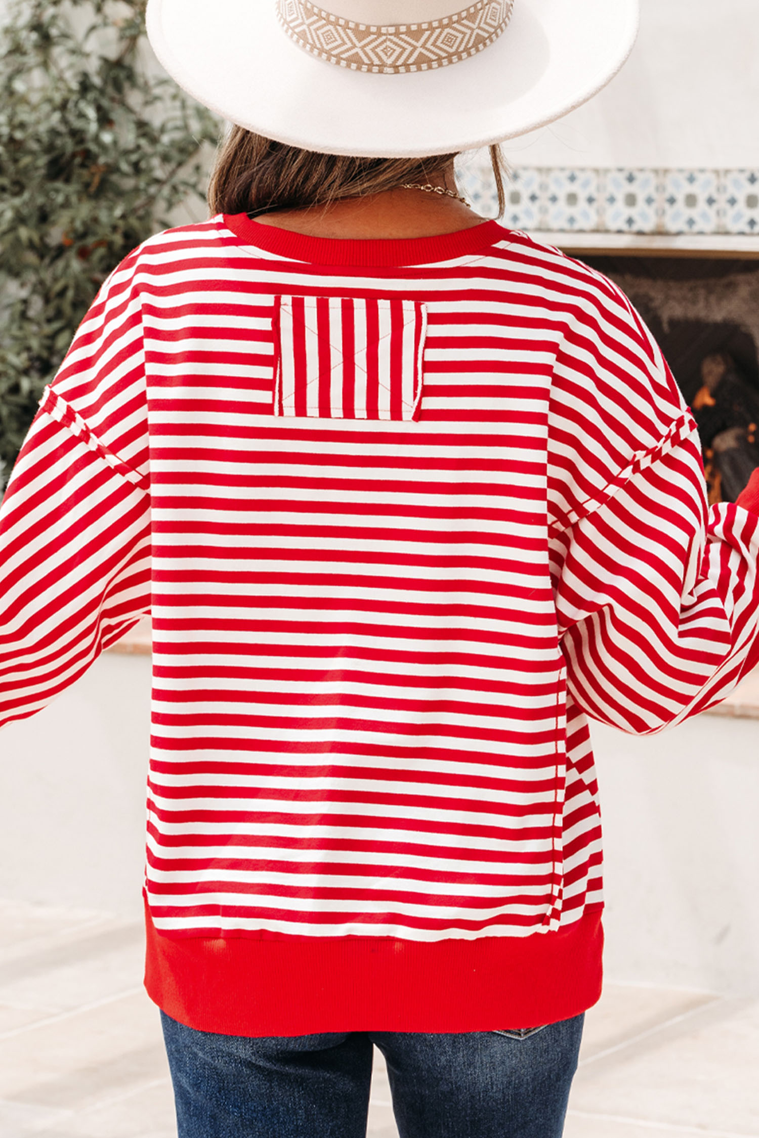 Red Stripe XOXO Sequin Heart Patched Valentines Day Long Sleeve Top