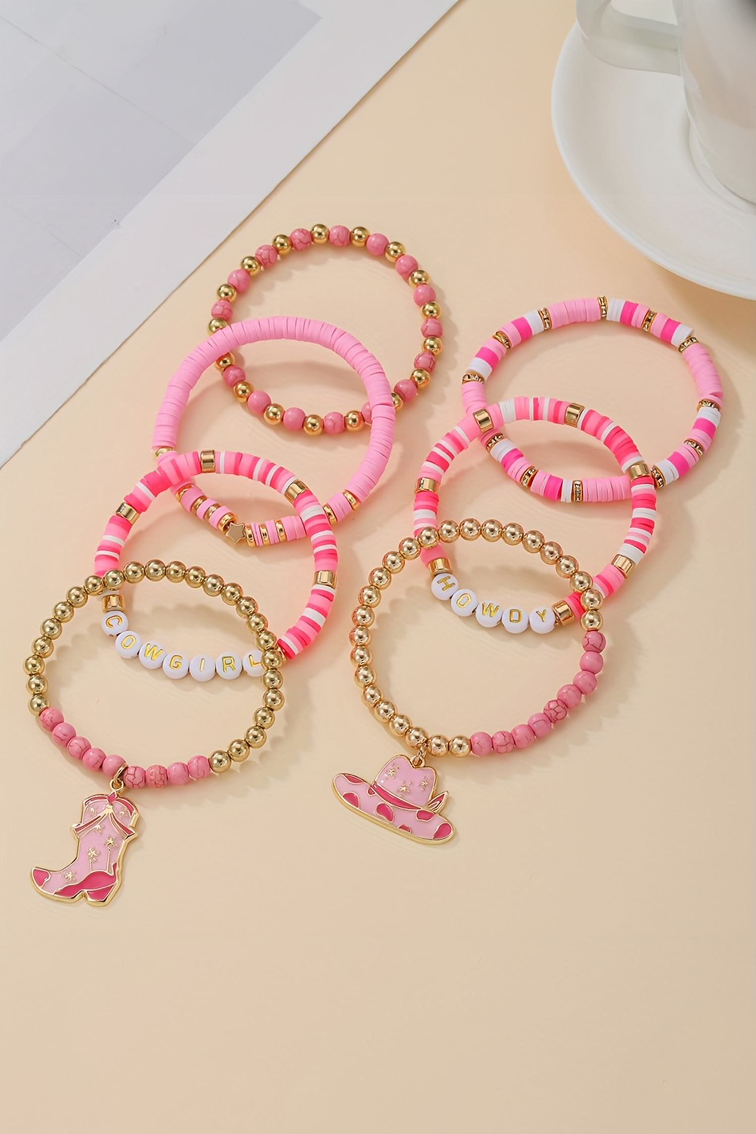 Pink 7pcs HOWDY COWGIRL Hat Boot Beaded Stretch Bracelet Set