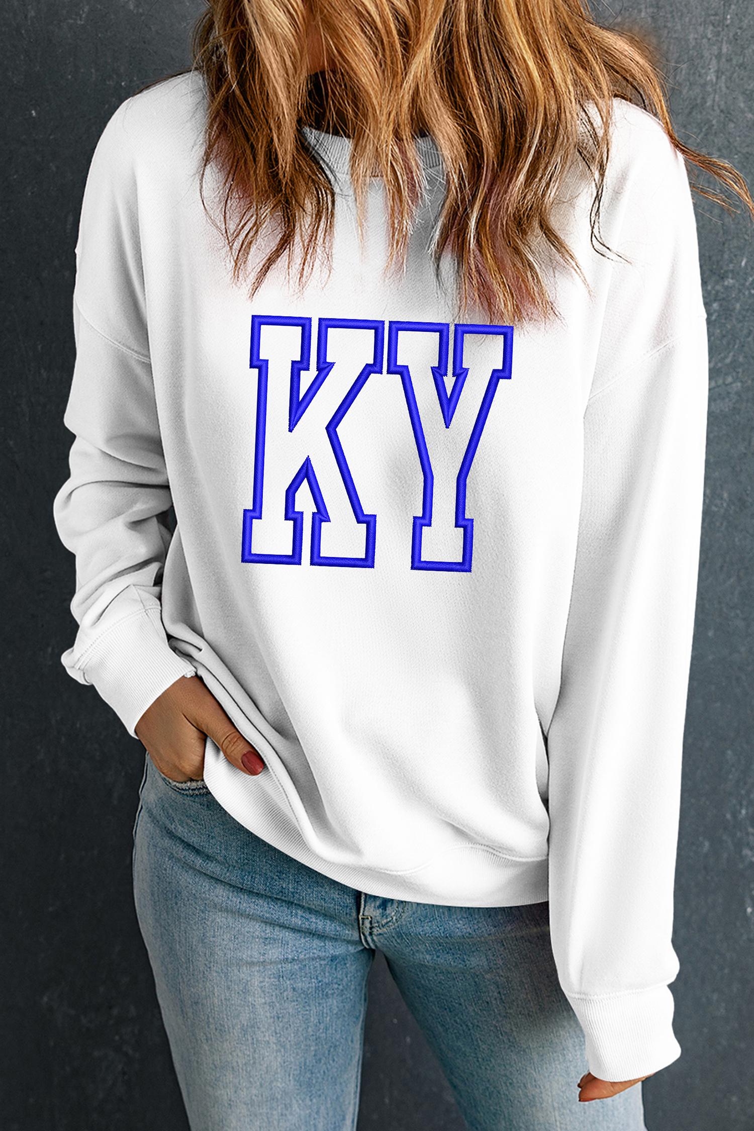 White KY Embroidered Graphic Pullover Sweatshirt