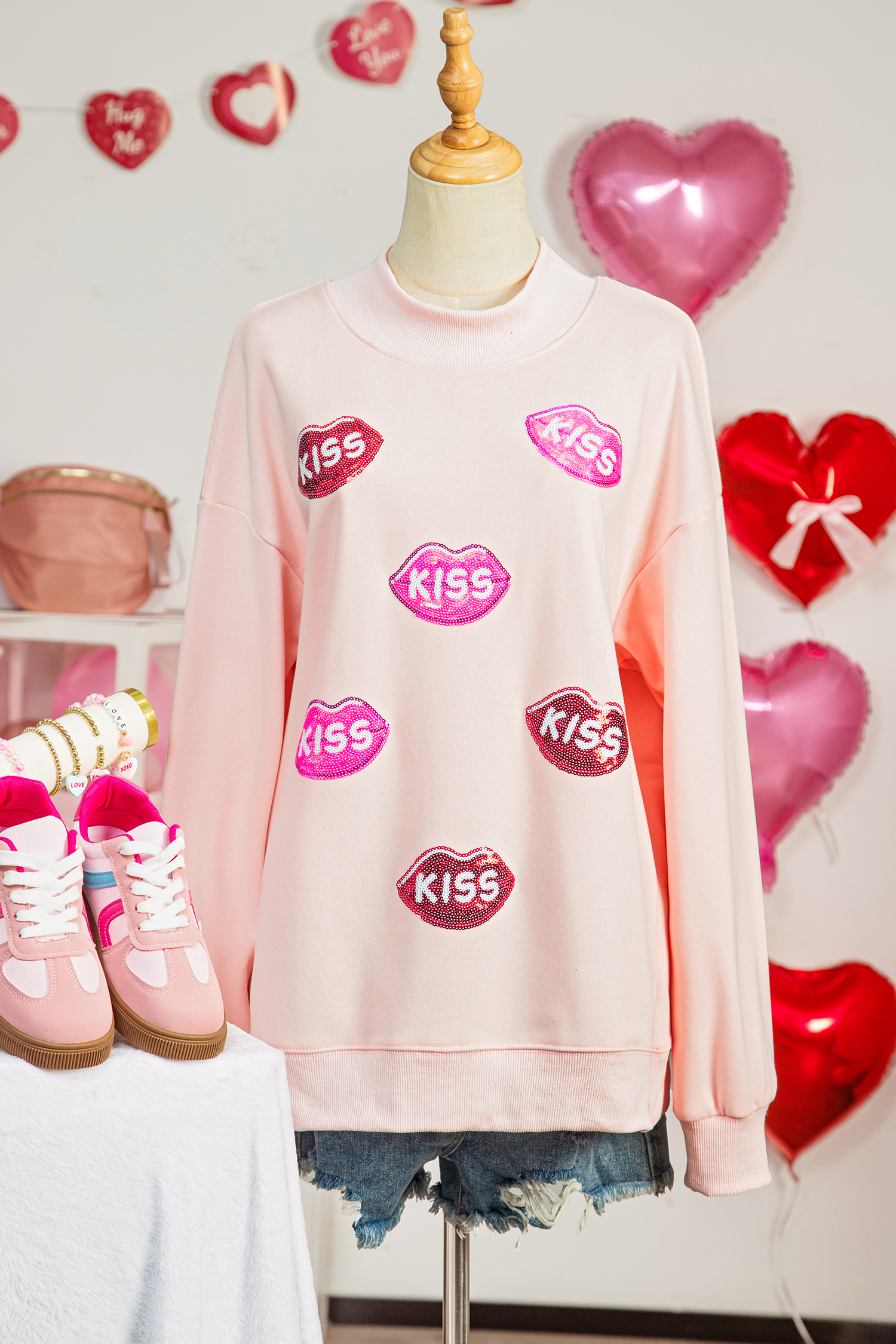 Apricot Pink Cowgirl Element Embroidered Detail Mock Neck Sweatshirt
