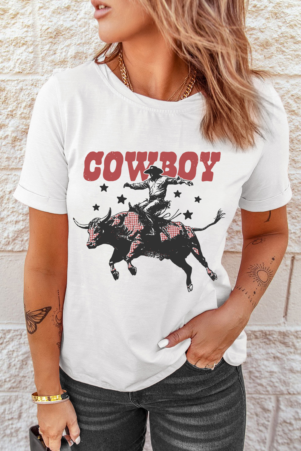 White COWBOY Star Graphic Crewneck Western Fashion Tee