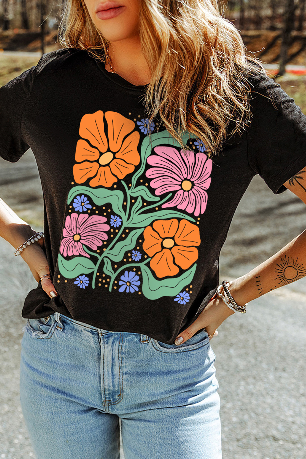 Black Colorful Flower Graphic Crewneck Summer Tee