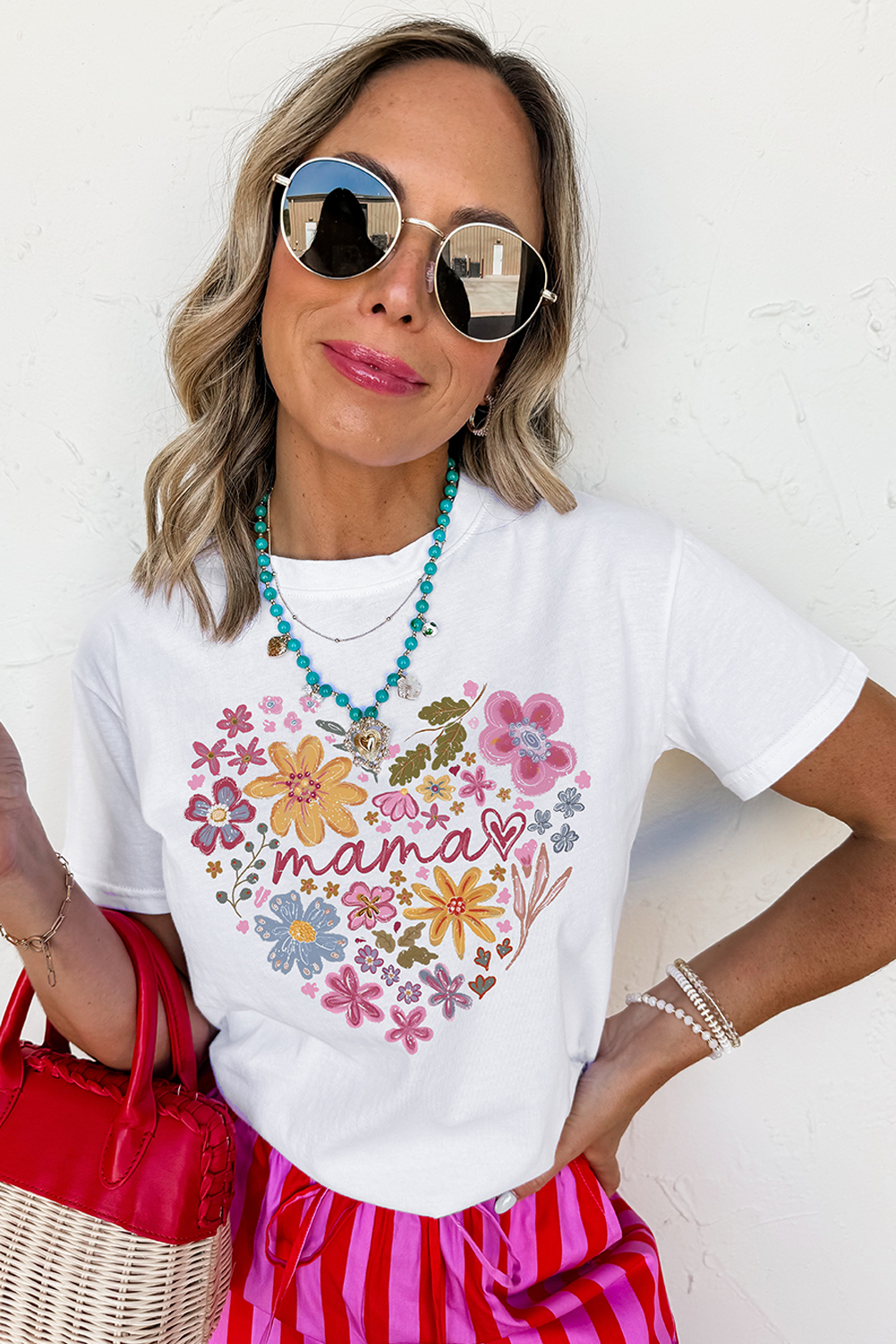 White MAMA Flower Heart Cotton Blend Graphic Tee