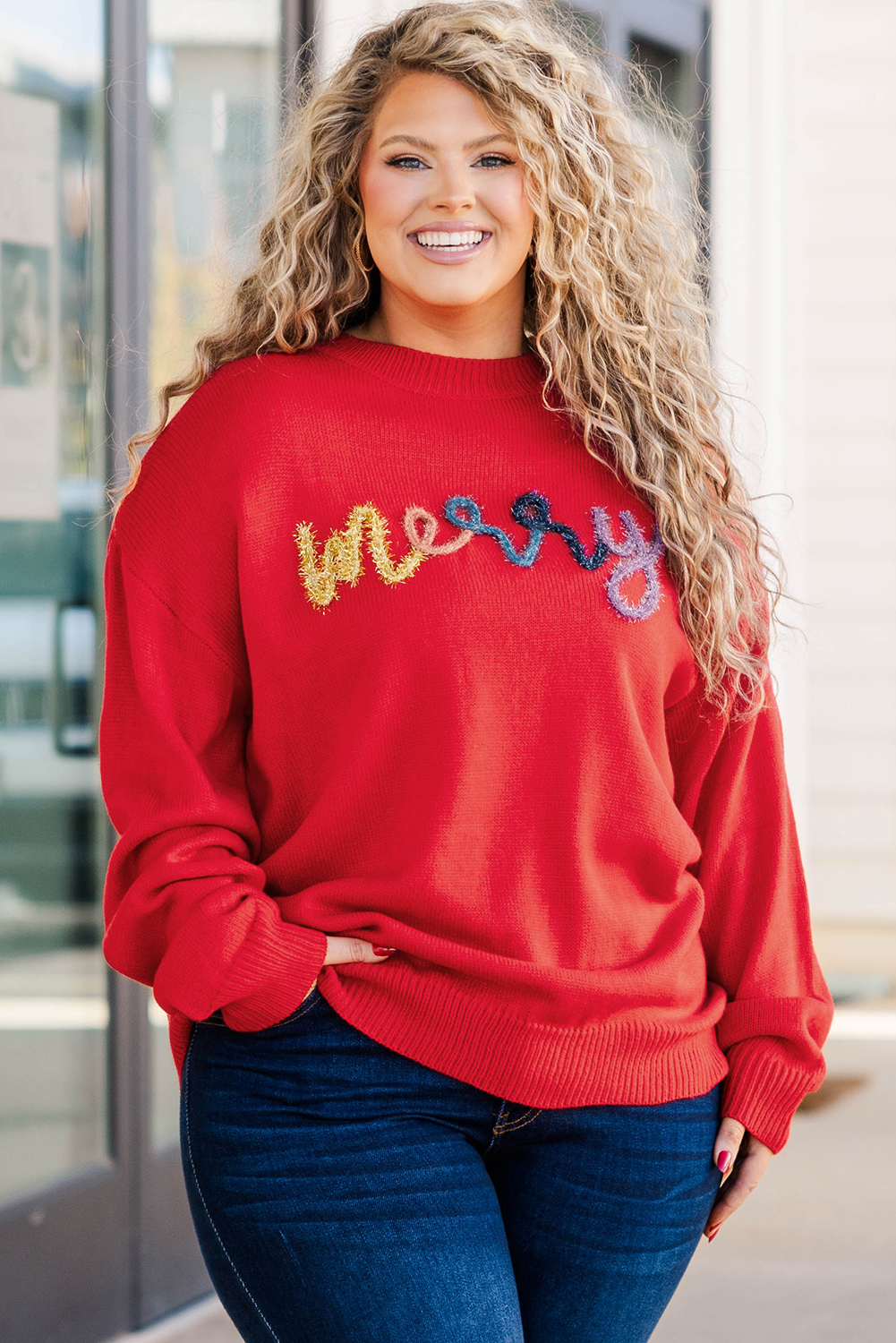 Fiery Red Tinsel Merry Letter Drop Shoulder Baggy Sweater