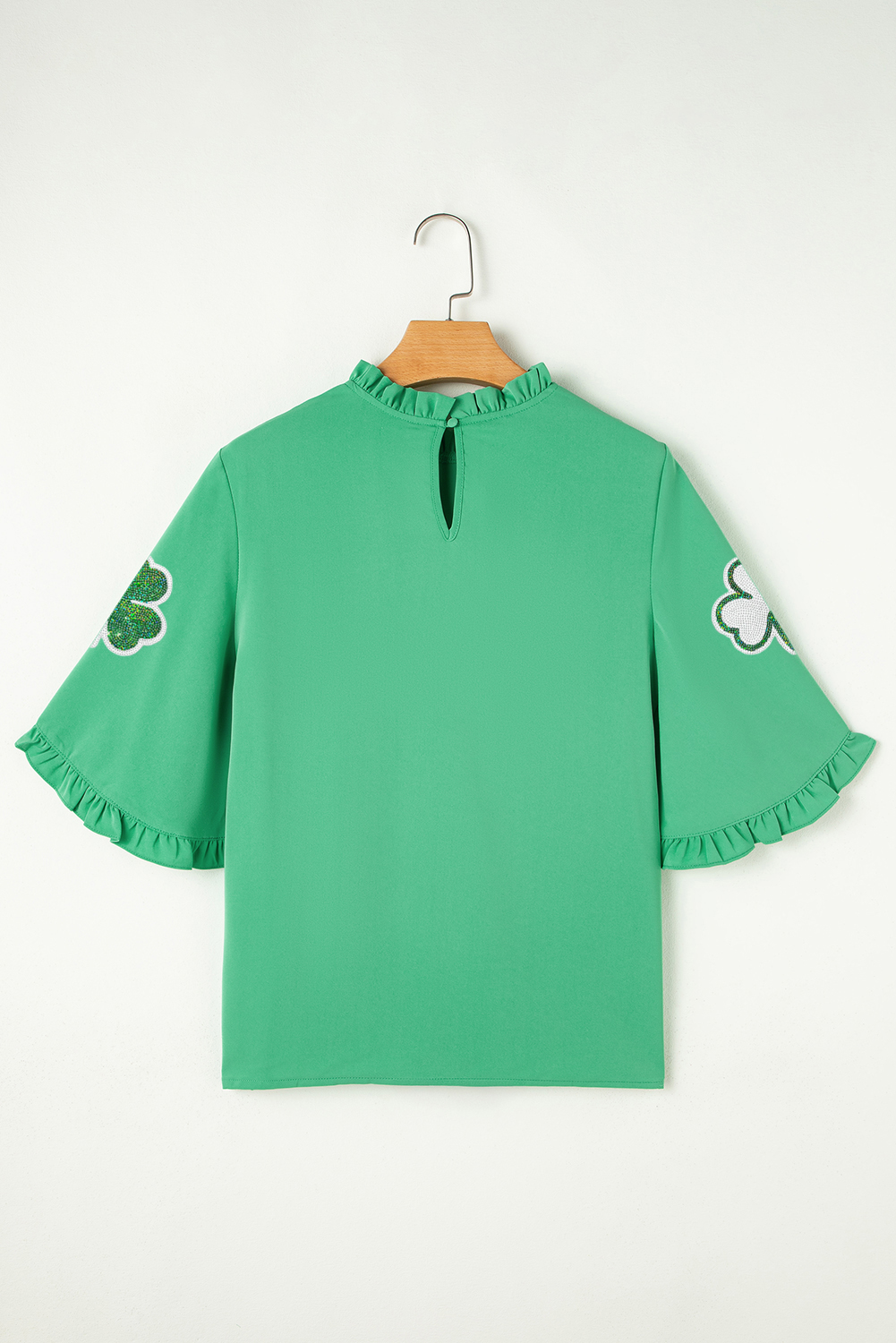 Green Sequin Clover Graphic Ruffled Trim Bell Sleeve St Patrick Blouse