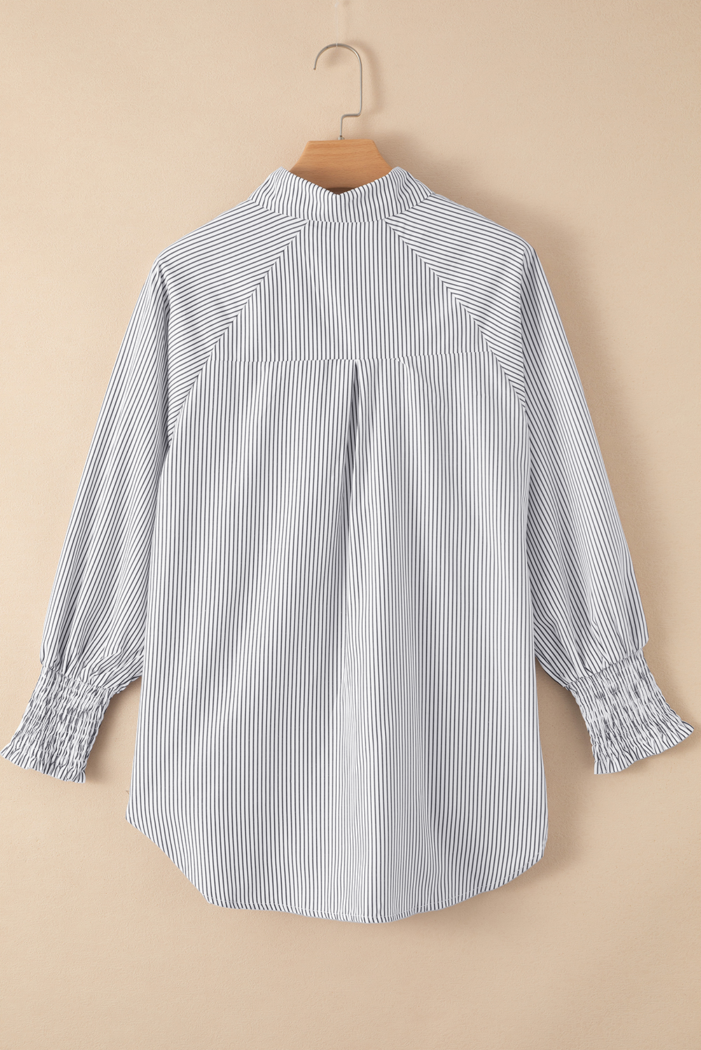 Red Stripe Smocked Cuffed Striped Boyfriend Shirt with Pocket