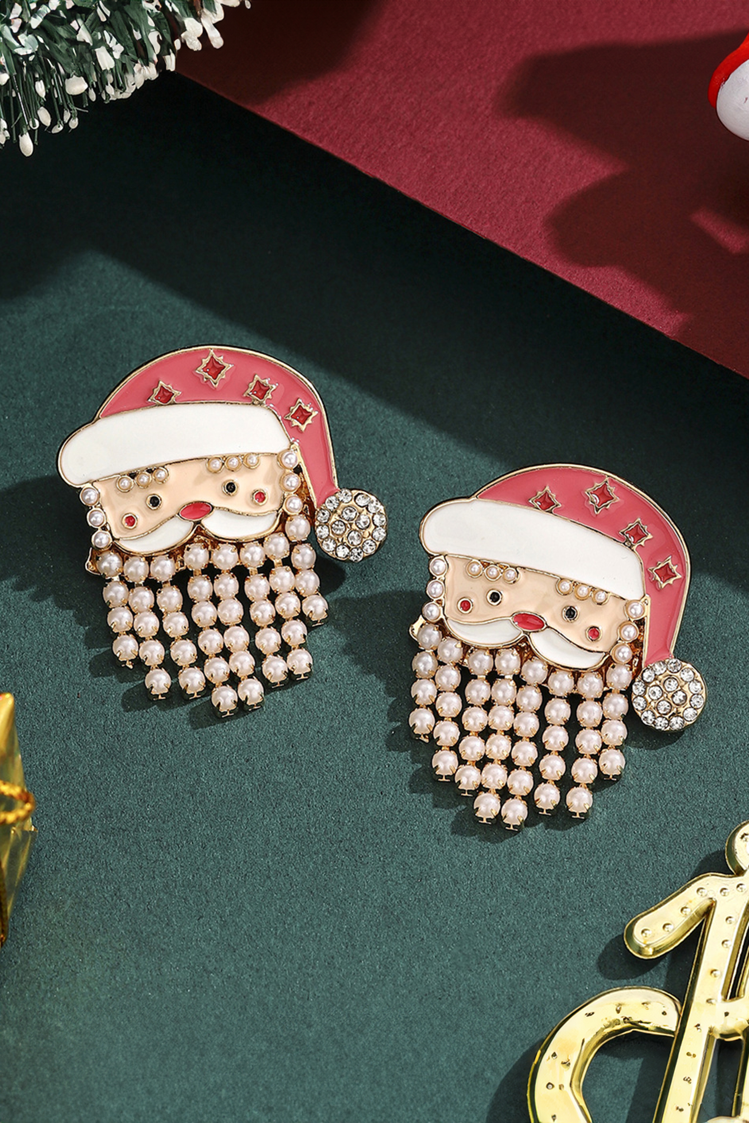 Fiery Red Pearl Beard Rhinestone Embellished Santa Claus Earrings