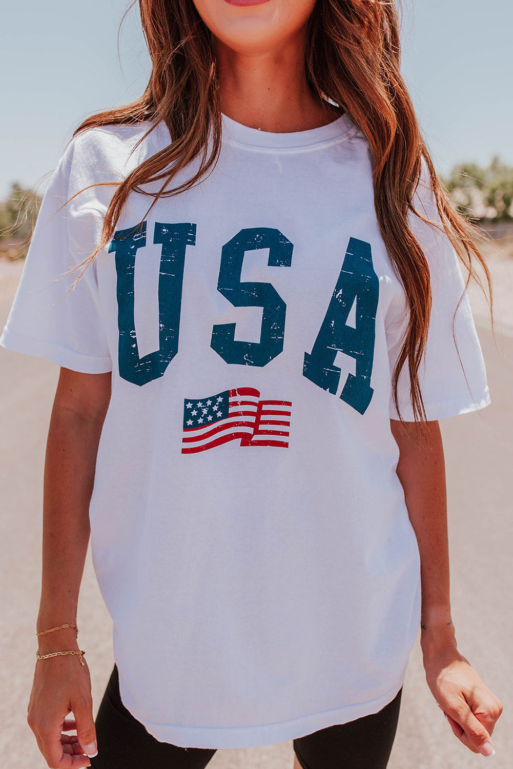 Gray Blooming USA Flag Print Casual T Shirt