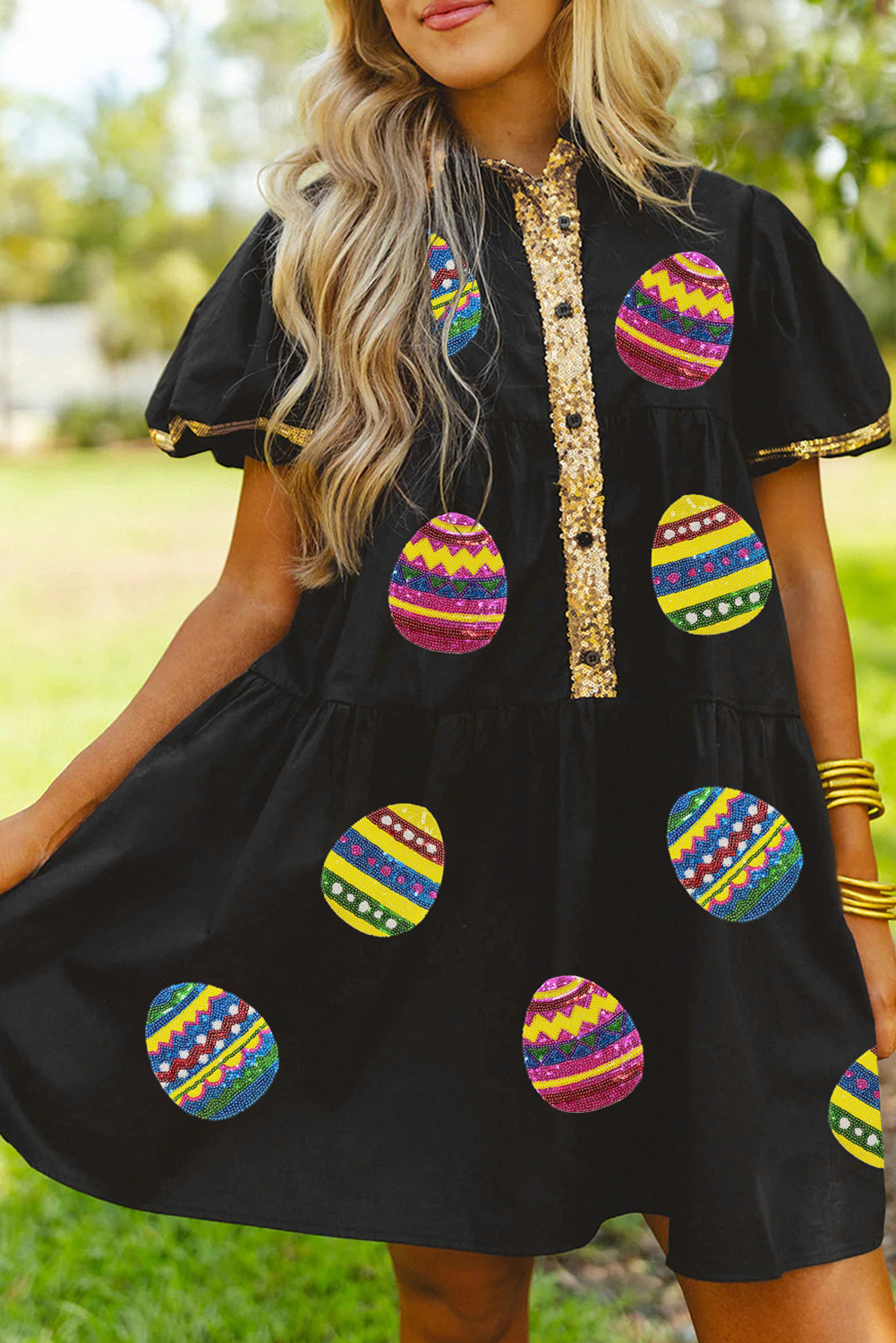 Black Sequin Trim Bubble Sleeve Game Day Shirt Dress