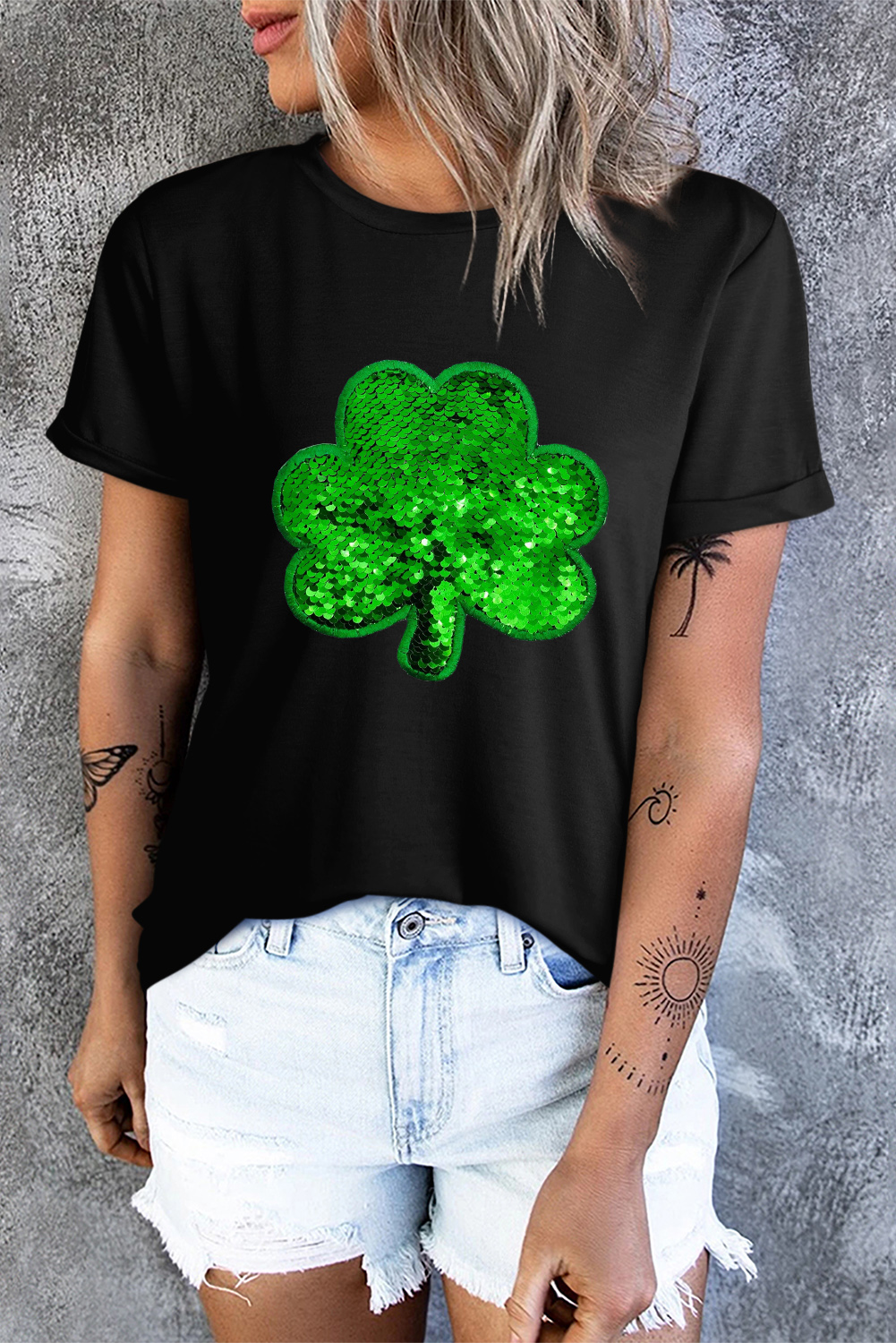 Black St. Patricks Lucky Clover Print O Neck T Shirt
