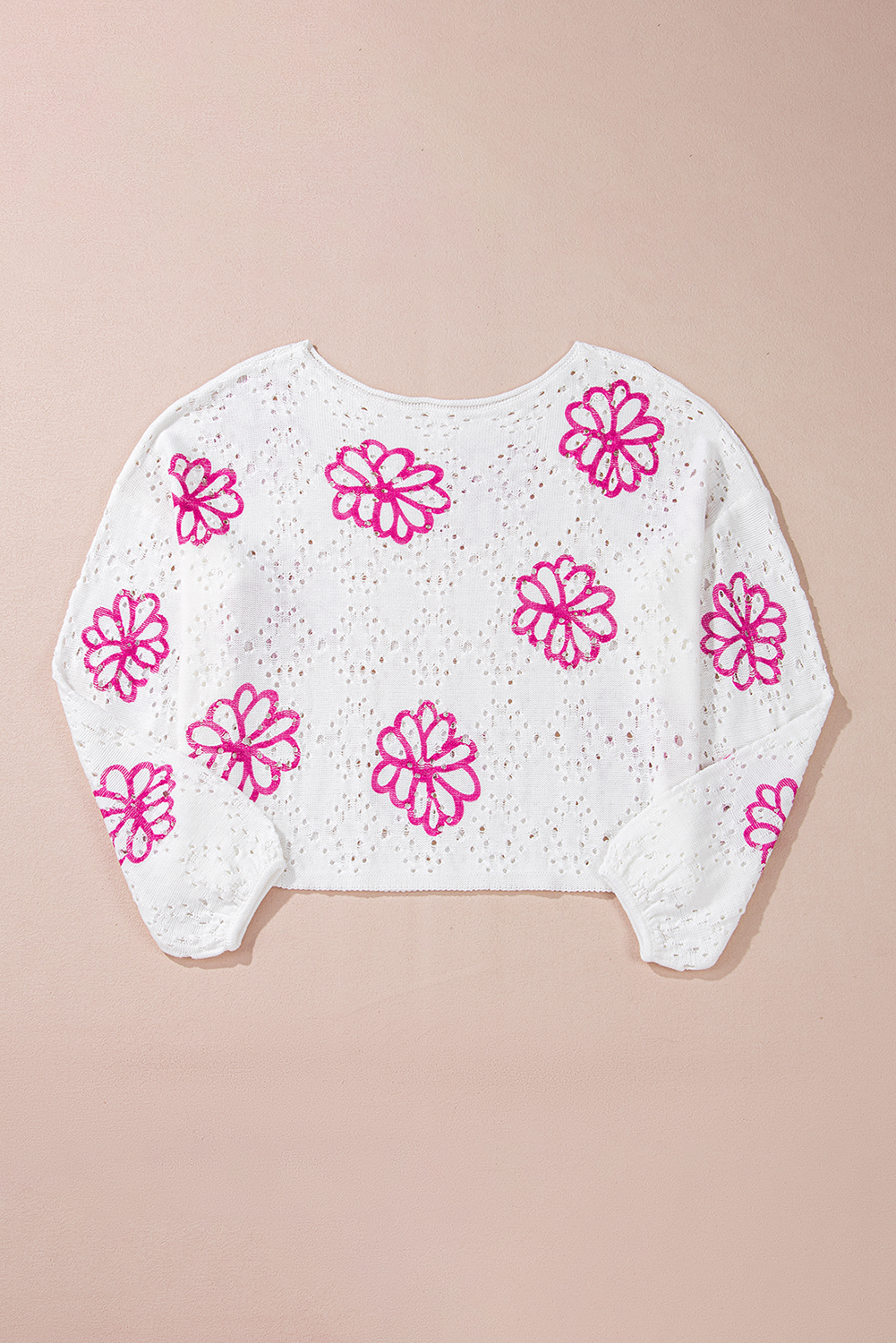 Beige Contrast Flower Print Eyelet Drop Shoulder Sweater