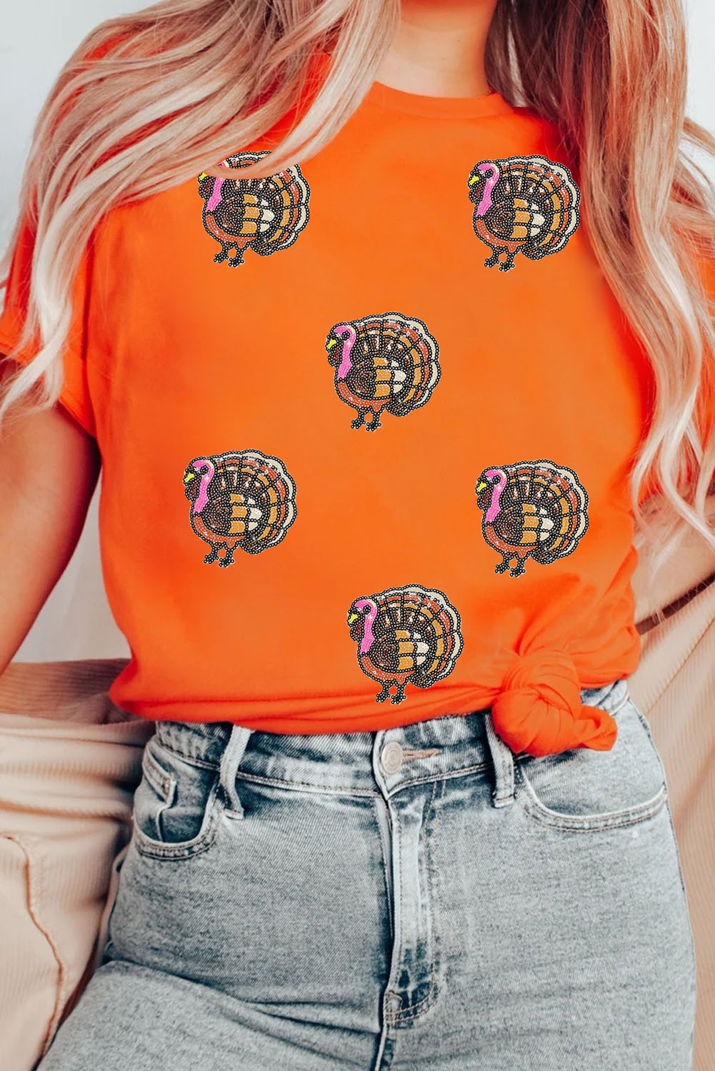 Orange Thanksgiving Turkey Sequin Graphic Womens Casual T Shirt