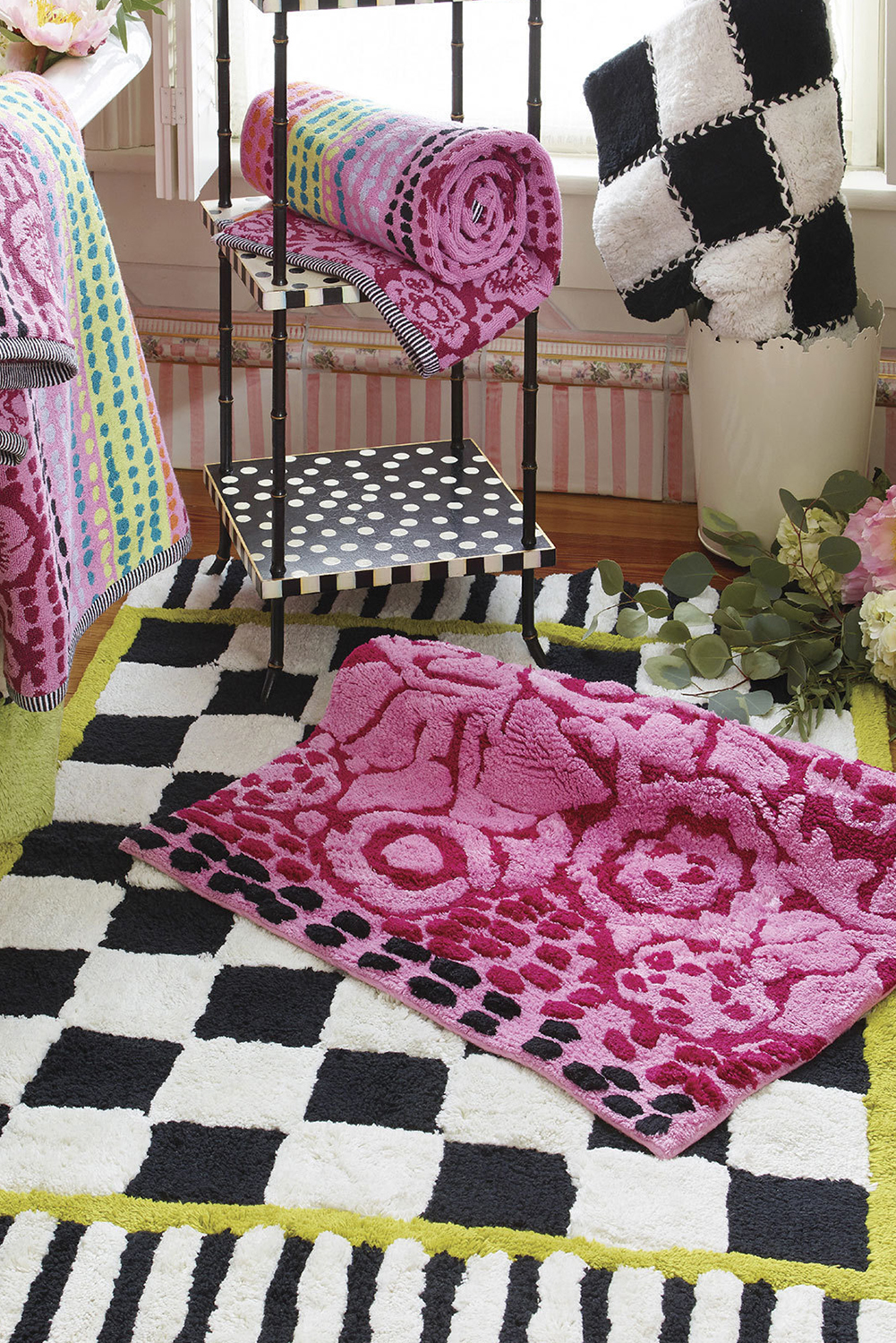 Spinach Green Square Trim Plush Checkered Striped Bath Rug
