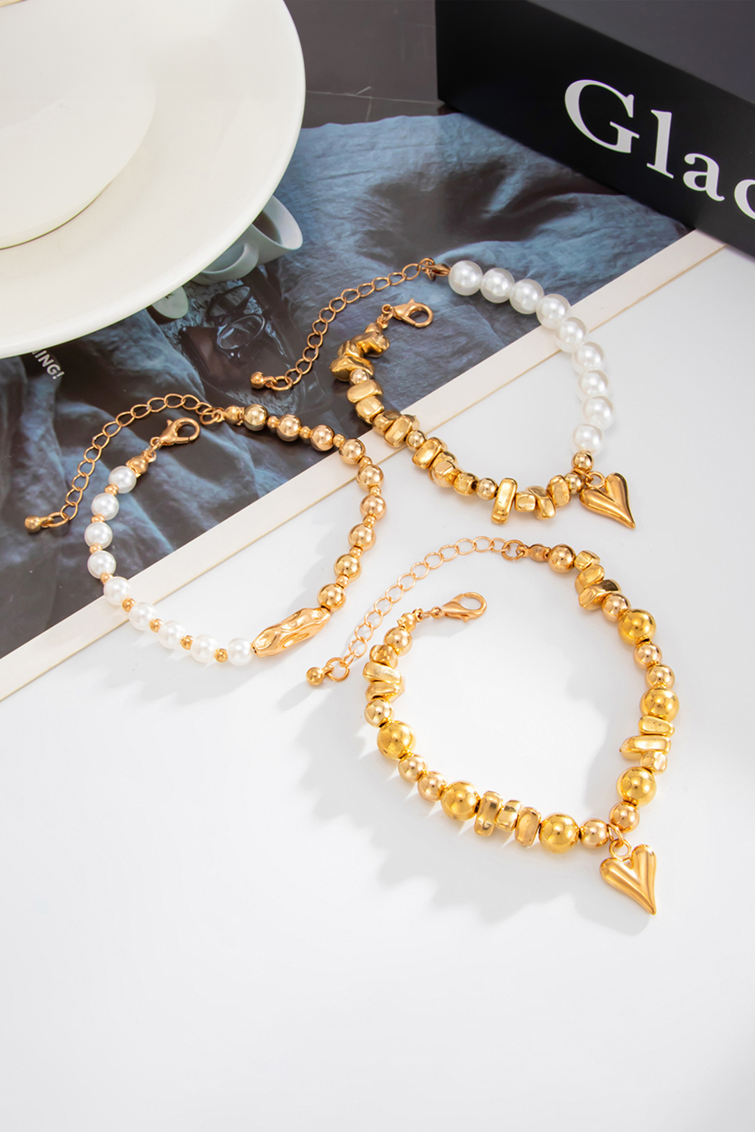 Gold 3pcs Irregular Beads Pearl Detail Bracelet Set