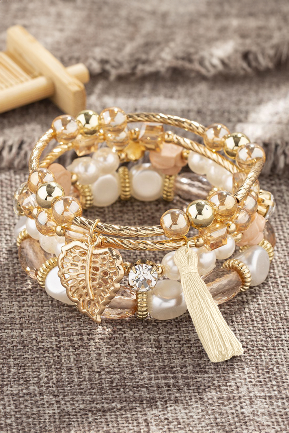 White Bohemian Rhinestone Beaded Fringed Layered Bracelet