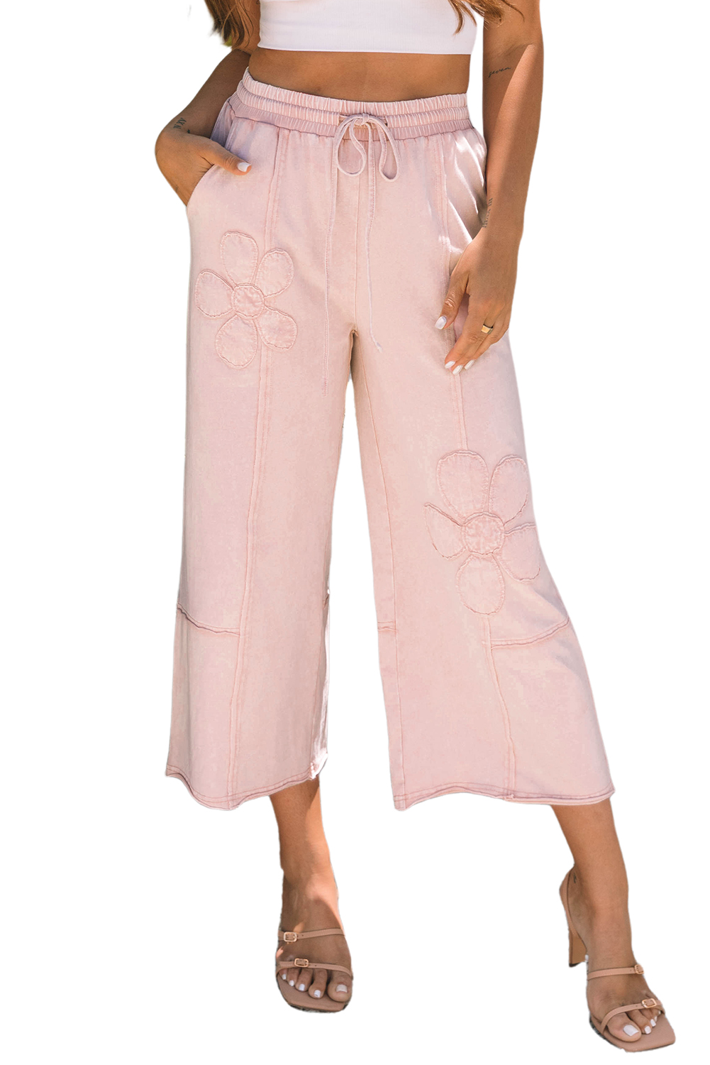 Pink Flower Patch Mineral Washed Terry Knit Cropped Wide Leg Pants