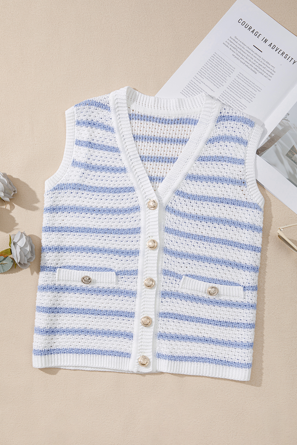 Sky Blue Stripe V Neck Gold Buttons Elegant Sweater Vest