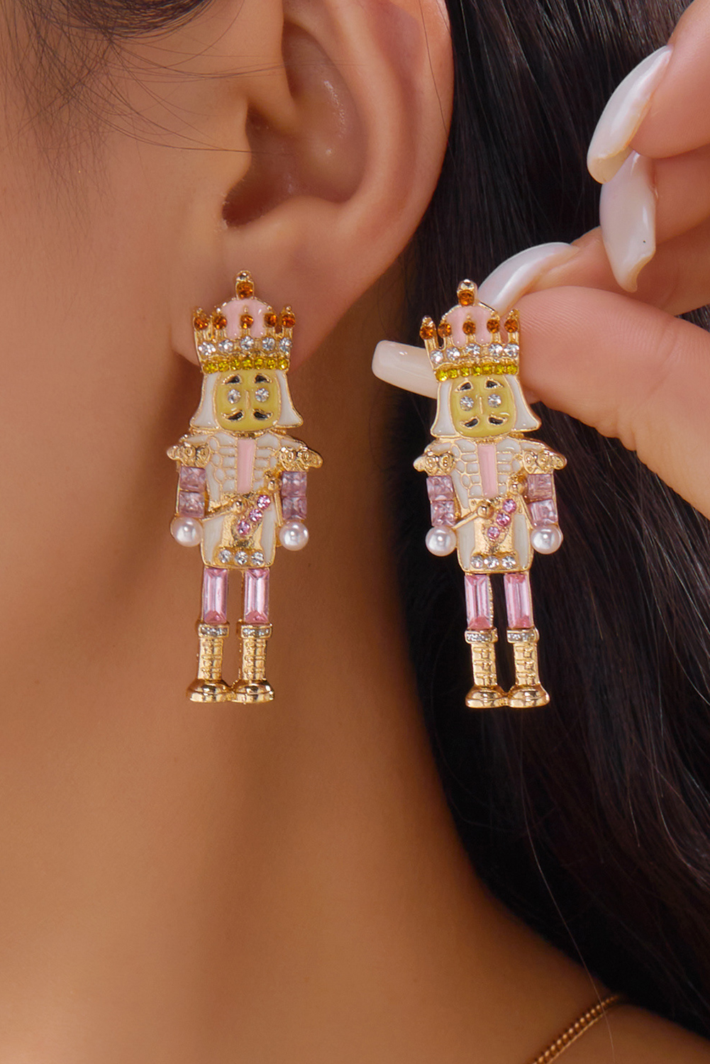 Pink Christmas Nutcracker Doll Alloy Gem Holiday Earrings