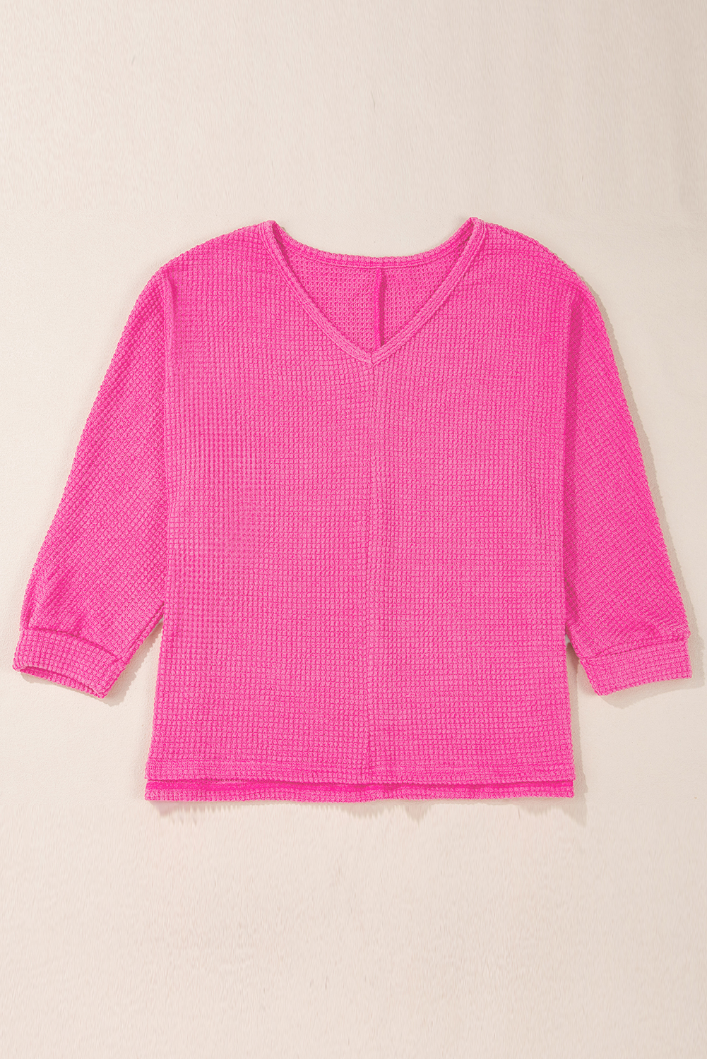White Waffle Knit Side Slits Loose Fit V Neck Top