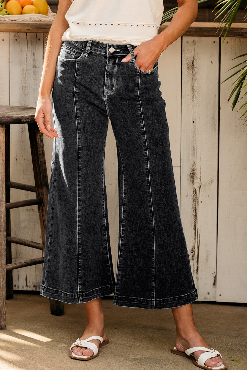 Black Plain Seam Detail Flared Bottom Ankle Length Jeans
