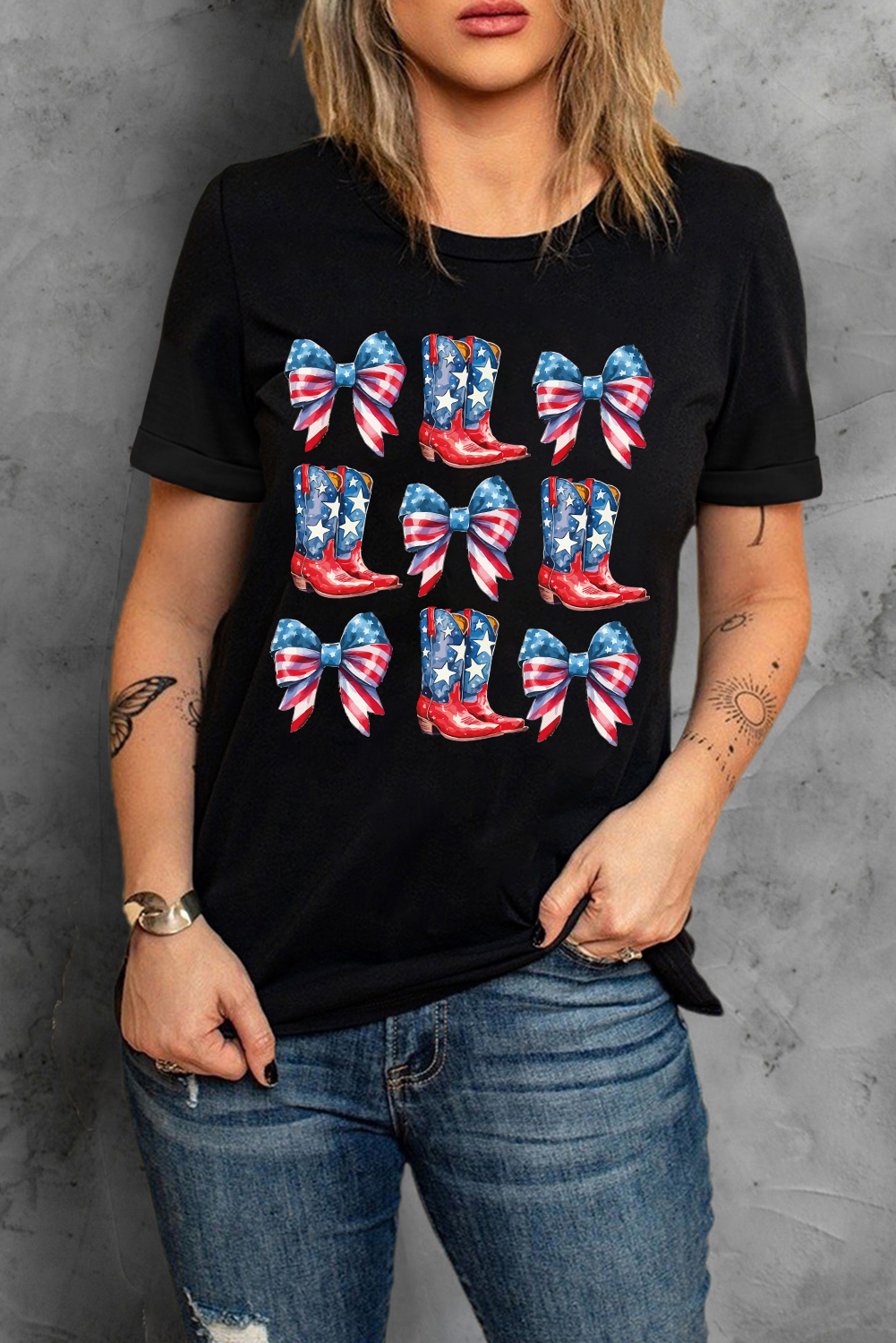 Black Stars and Stripes Bowknot Cowgirl Boots Graphic Patriotic Tee