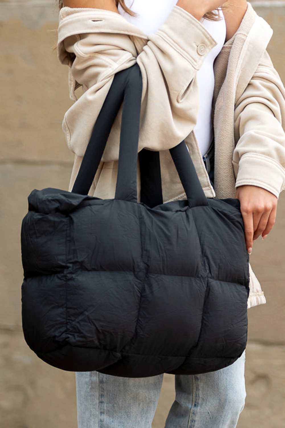 White Solid Quilted Puffy Zipped Large Tote Bag