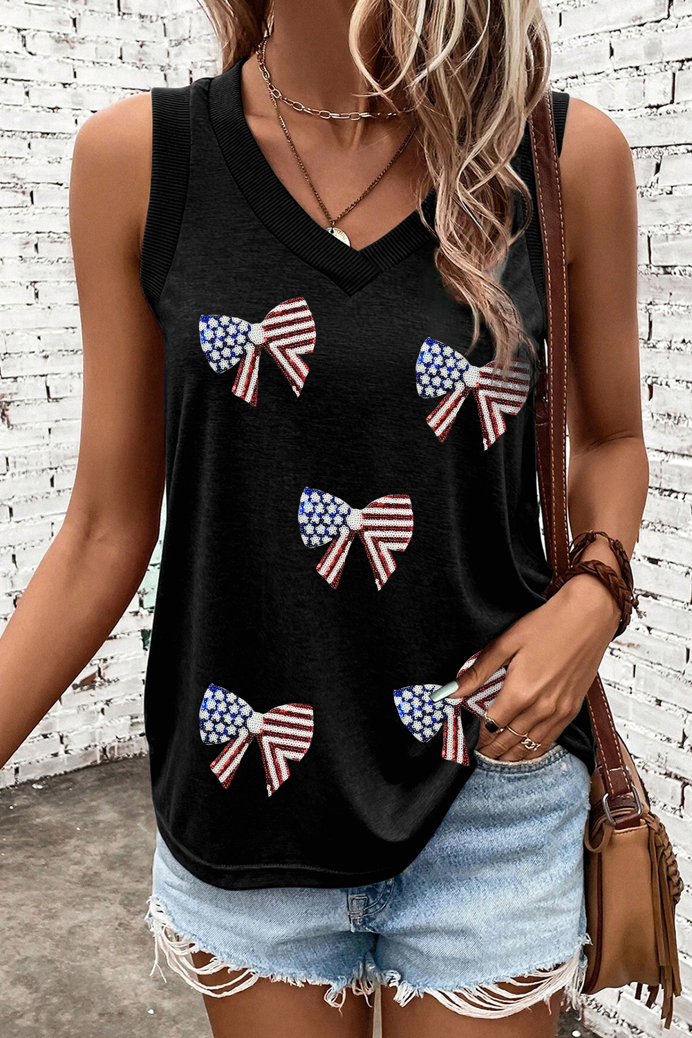 Black Flag Inspired Sequin Bow Patched V Neck Tank Top