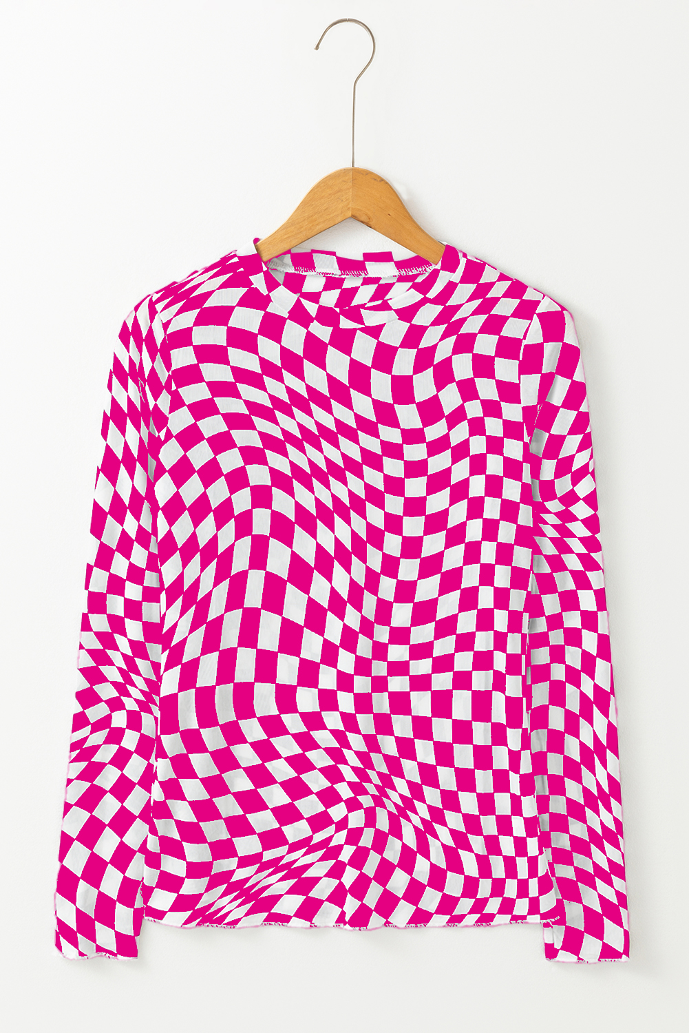 Khaki Checkered Pattern Mesh Mock Neck Long Sleeve Top