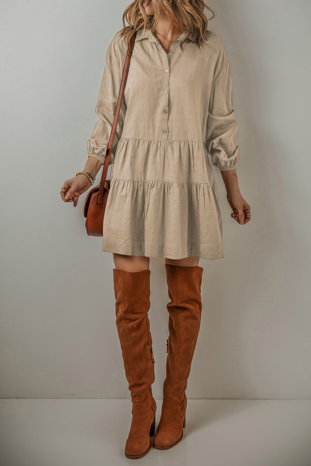 Jungle Green Puff Sleeve Buttoned Tiered Pleated Shirt Mini Dress
