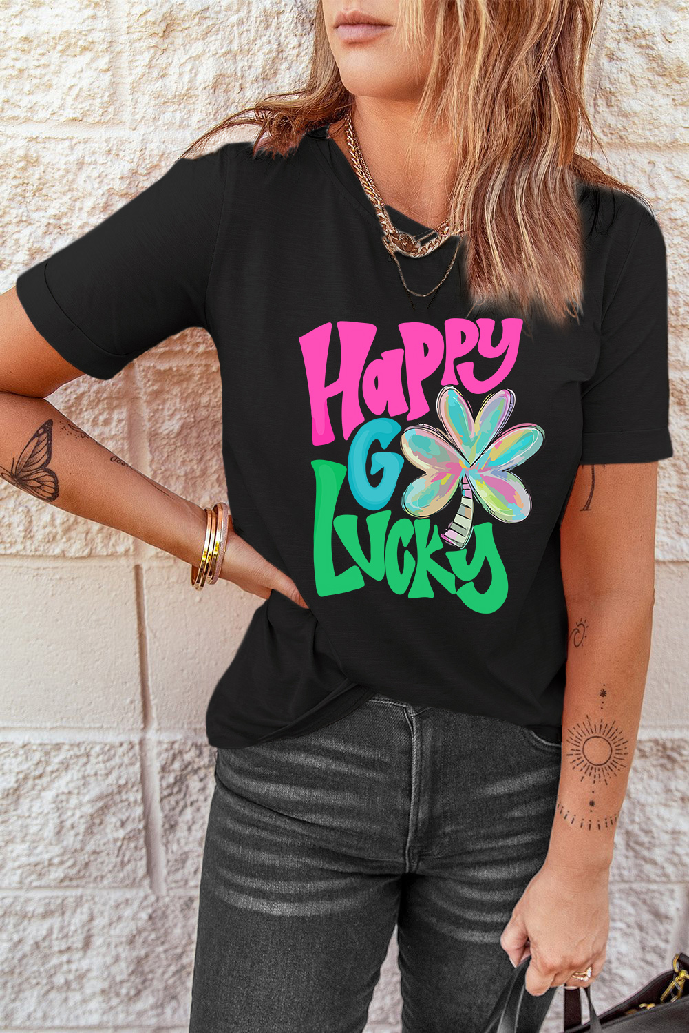 Black St. Patricks Lucky Clover Print O Neck T Shirt