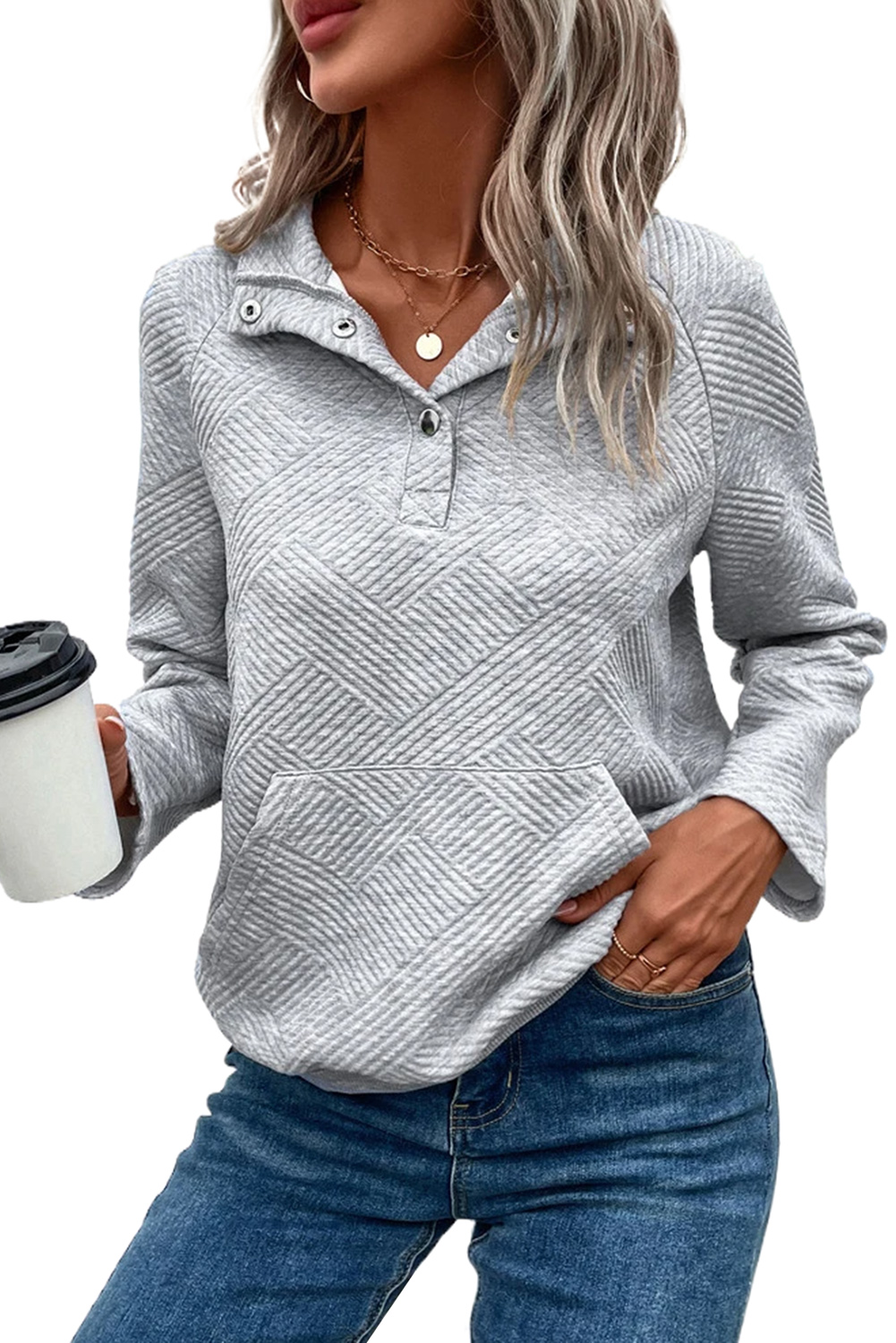 Apricot  Asymmetric Buttons Detail High Neck Textured Sweatshirt