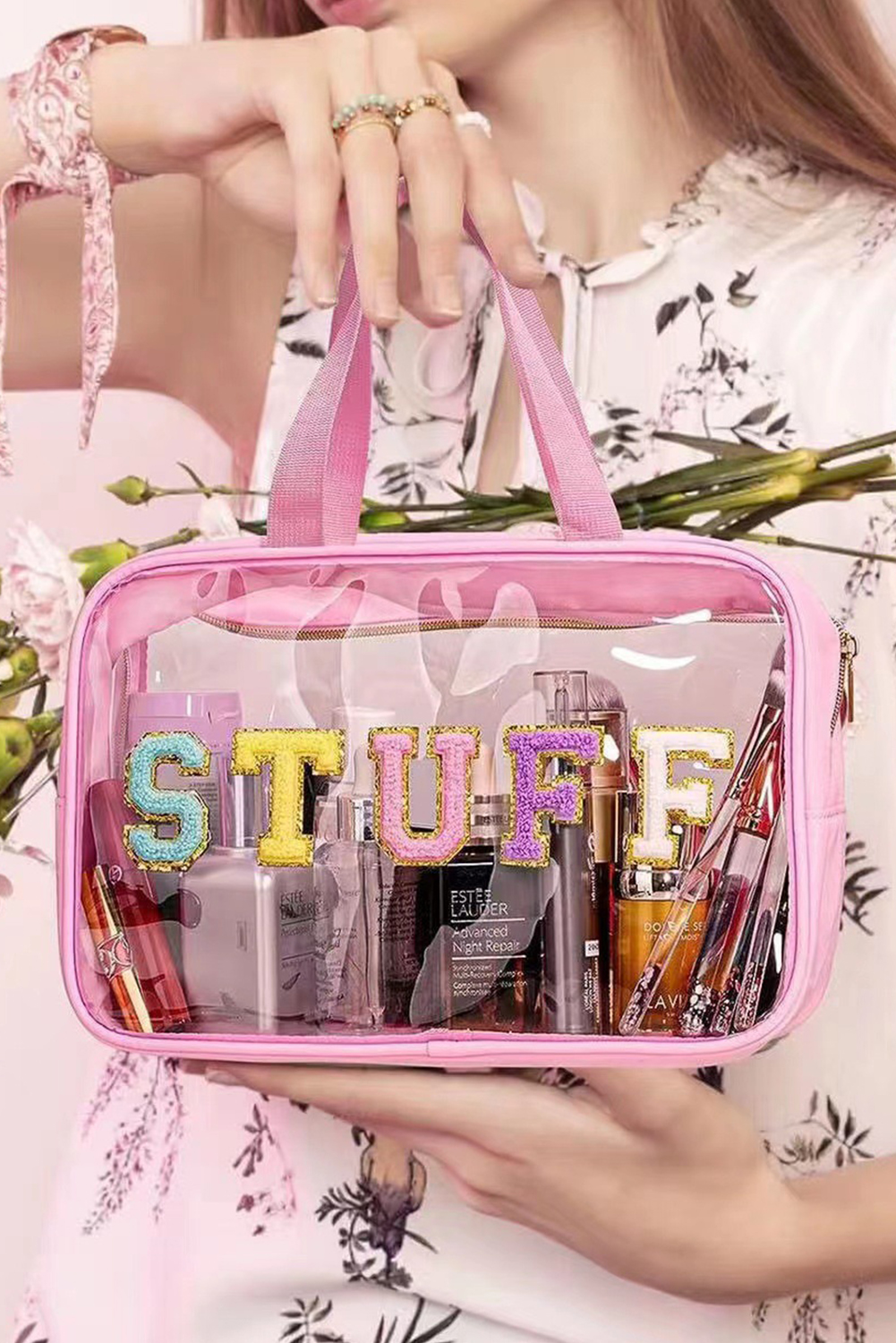 Light Pink TRAVEL Chenille Letter Clear PVC Makeup Bag