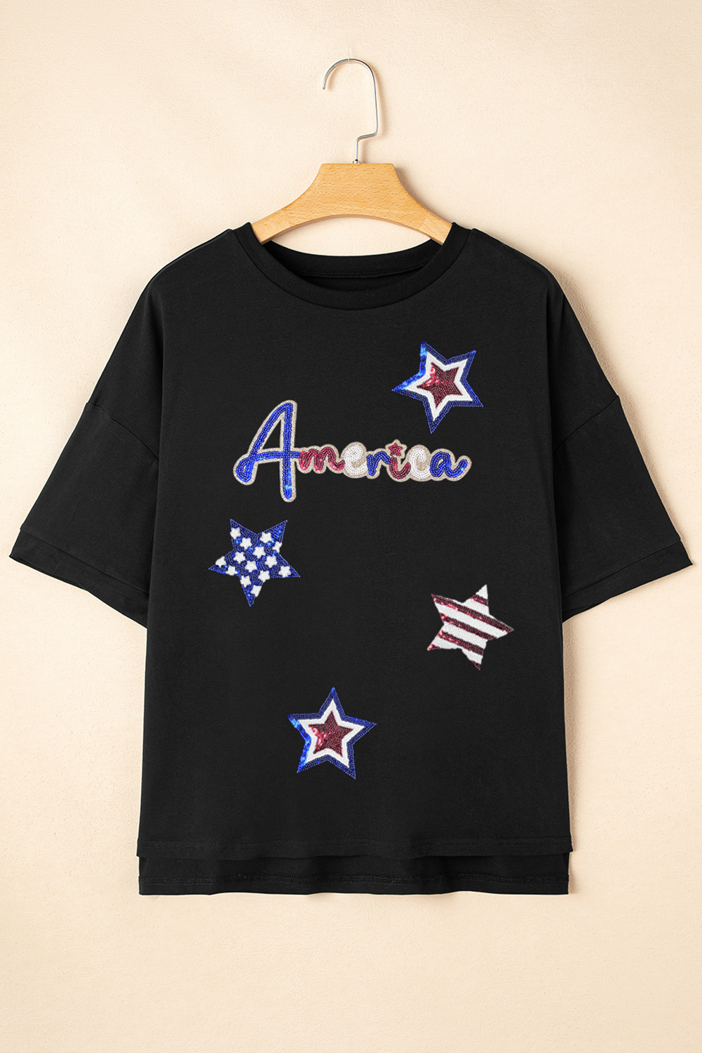 Black Sequin USA Bow Graphic Independence Day T Shirt