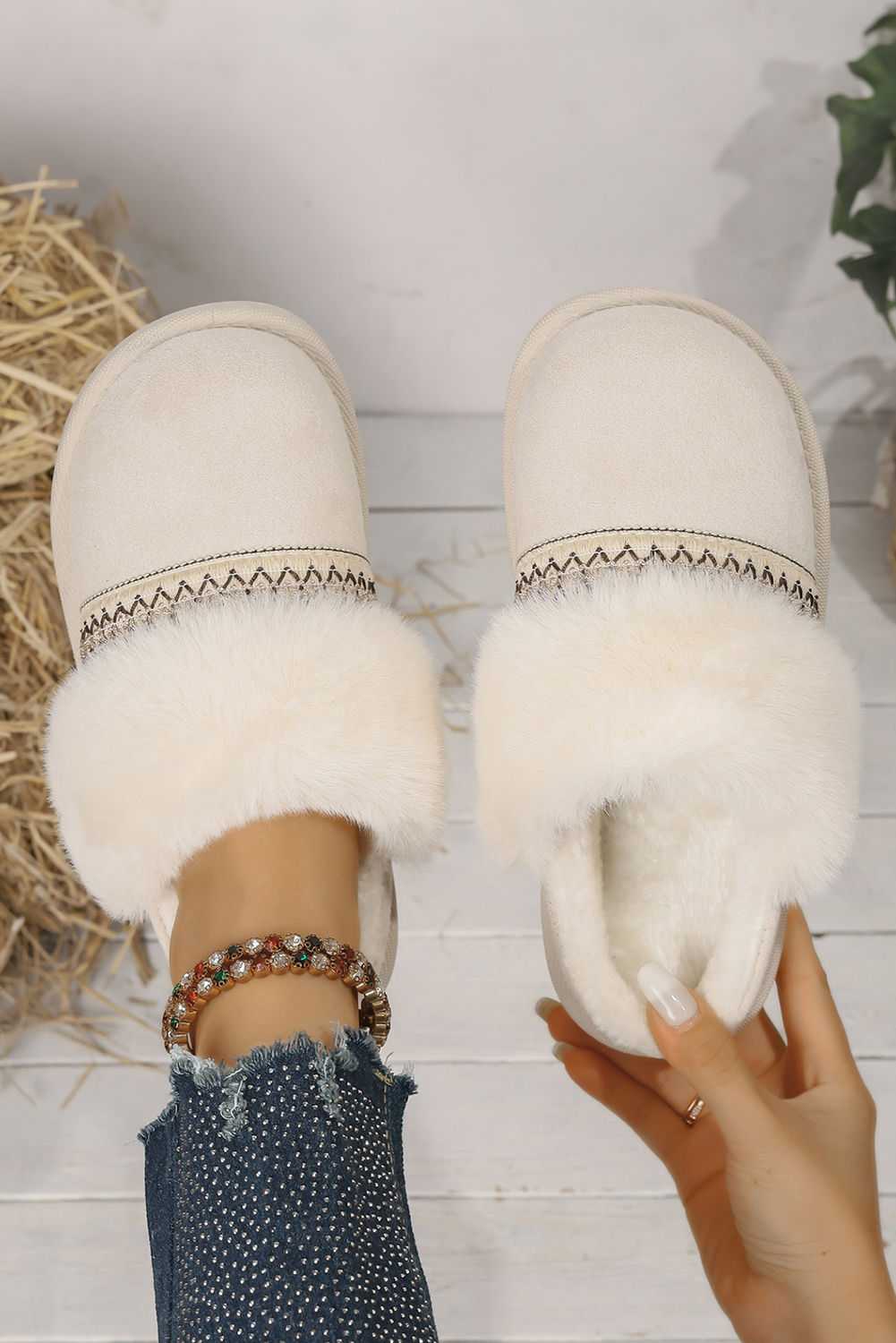 White Faux Suede Plush Trim Ethnic Mule Slippers