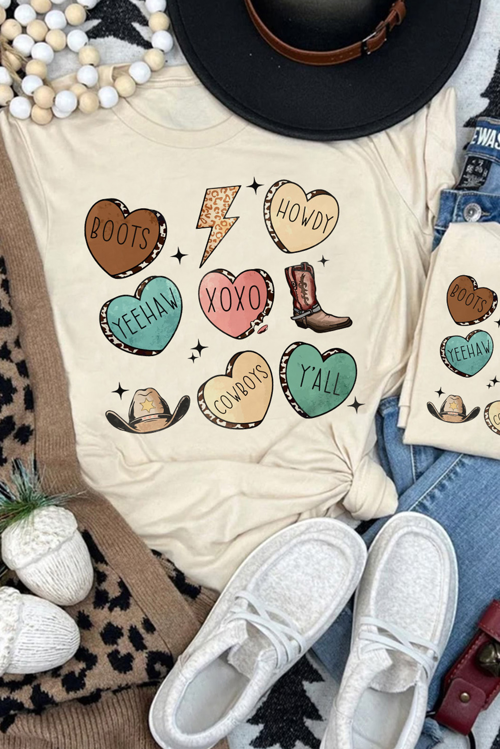 Red Leopard Striped Heart Shaped Print Crew Neck T Shirt