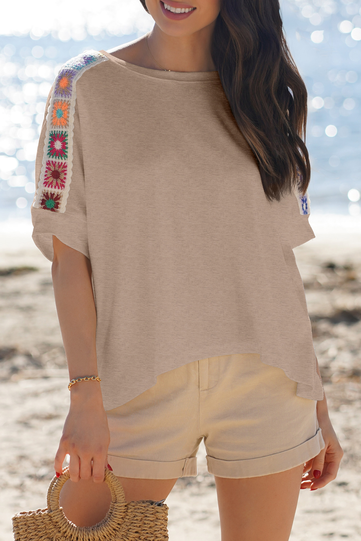 Light Grey Granny Square Crochet Detail Loose T Shirt
