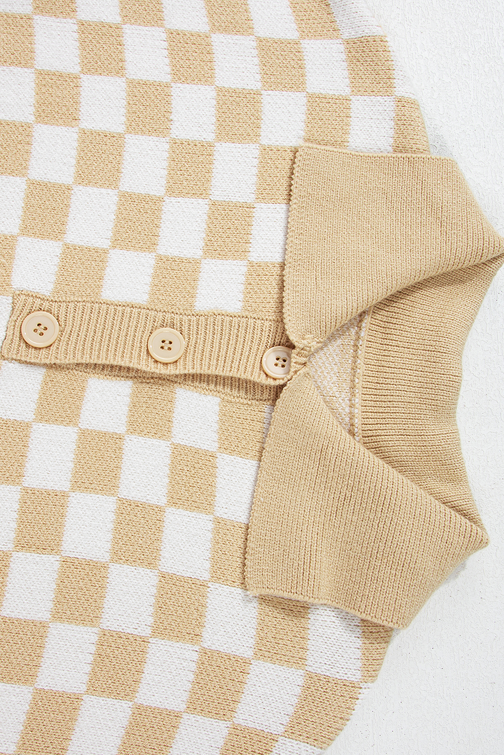 Pink Checkered Buttons Collar V Neck Drop Shoulder Sweater