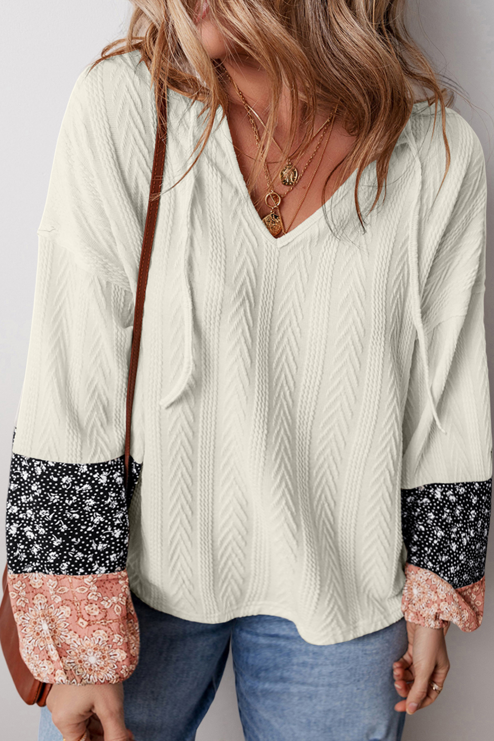 White Floral Patchwork Textured Knit Drawstring V Neck Blouse