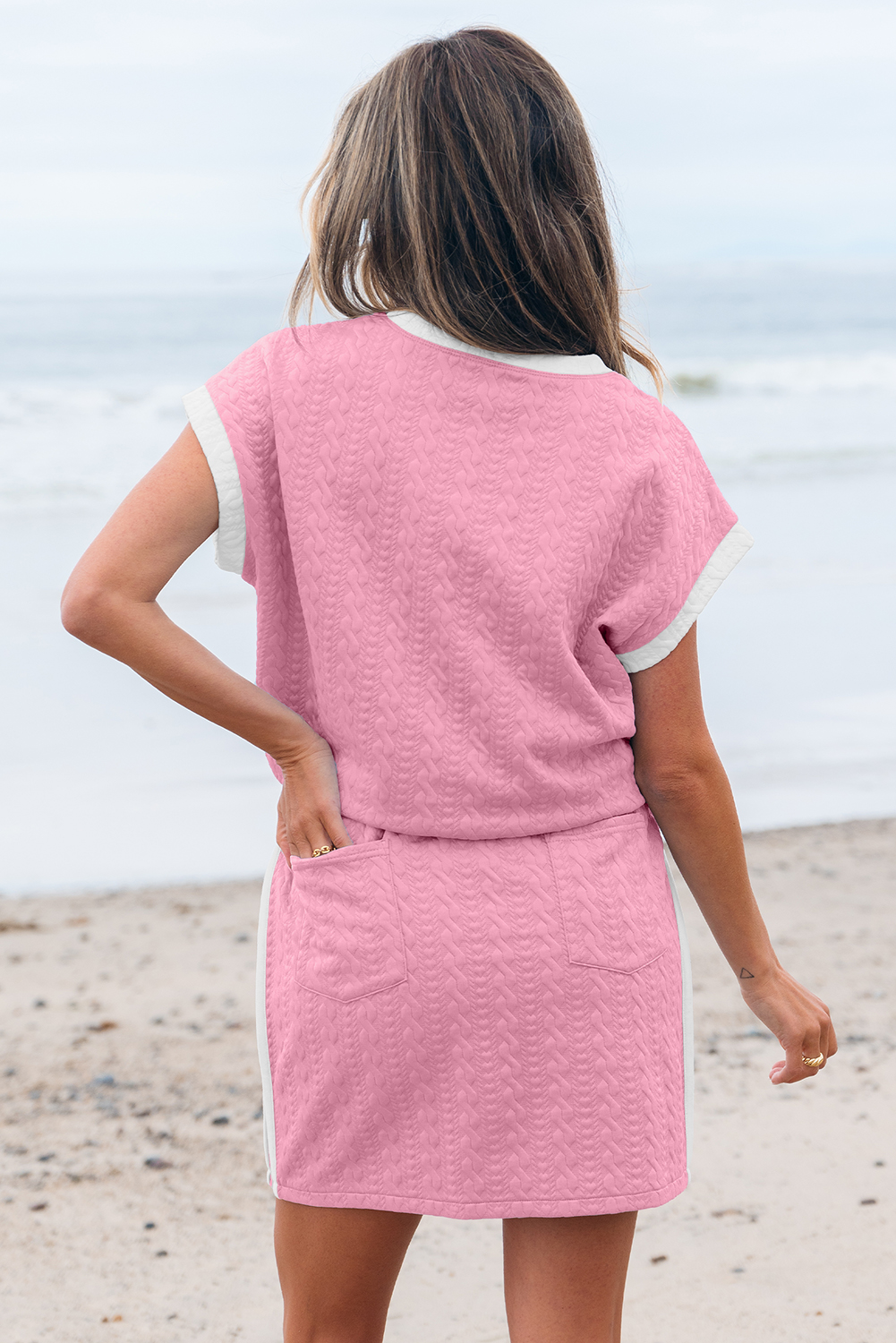 Beau Blue Contrast Trim Textured Crewneck Tee and Pocketed Skirt Set