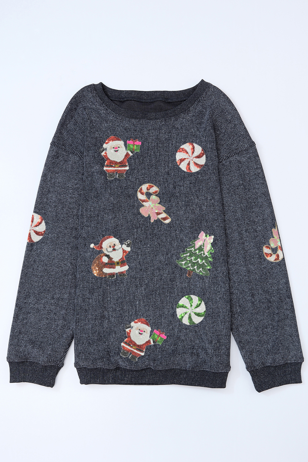 Gray Twisted Rib Christmas Santa Sequin Graphic Drop Shoulder Sweatshirt