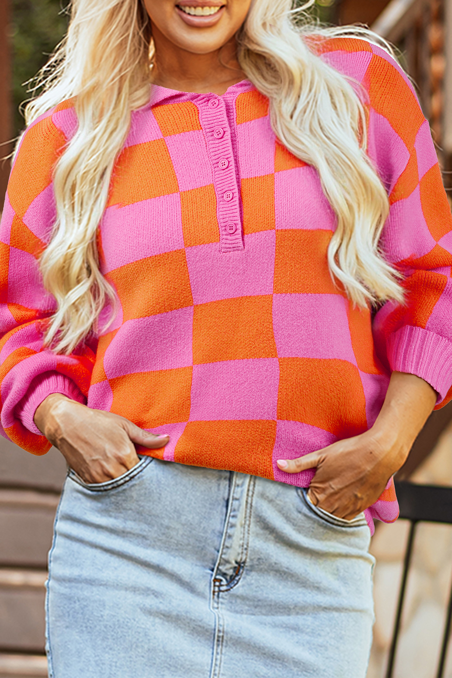 Sachet Pink Checkered Knit Polo Collar Baggy Sweater