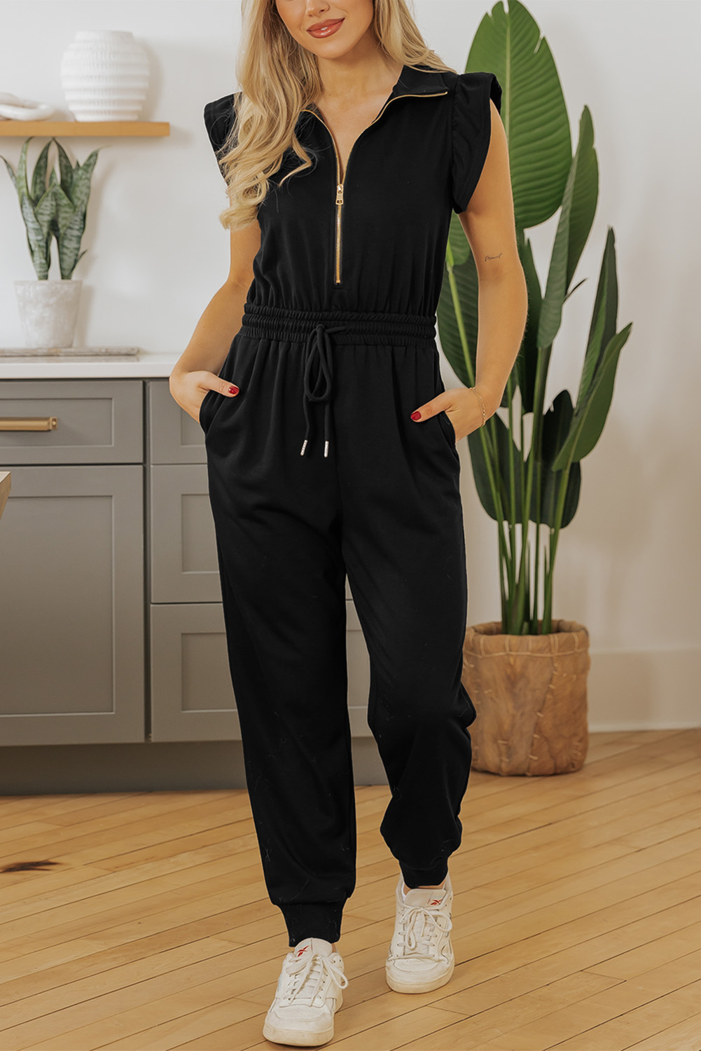 Black Zipper Flutter Sleeve Drawstring Elastic Waistband Jumpsuit