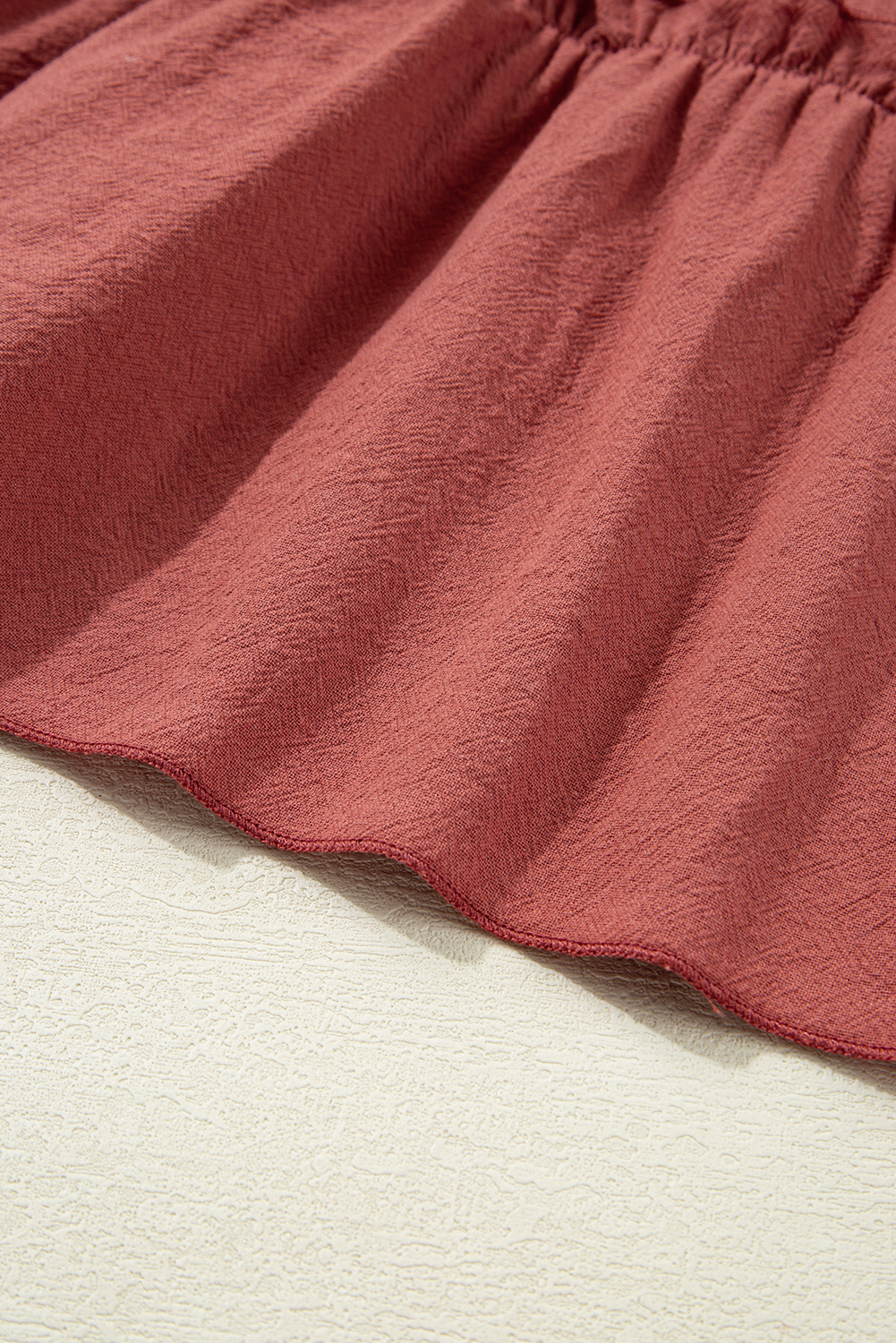 Red Sandalwood Geometric Stitch Shirred Bodice Ruffled Trim Sleeveless Mini Dress