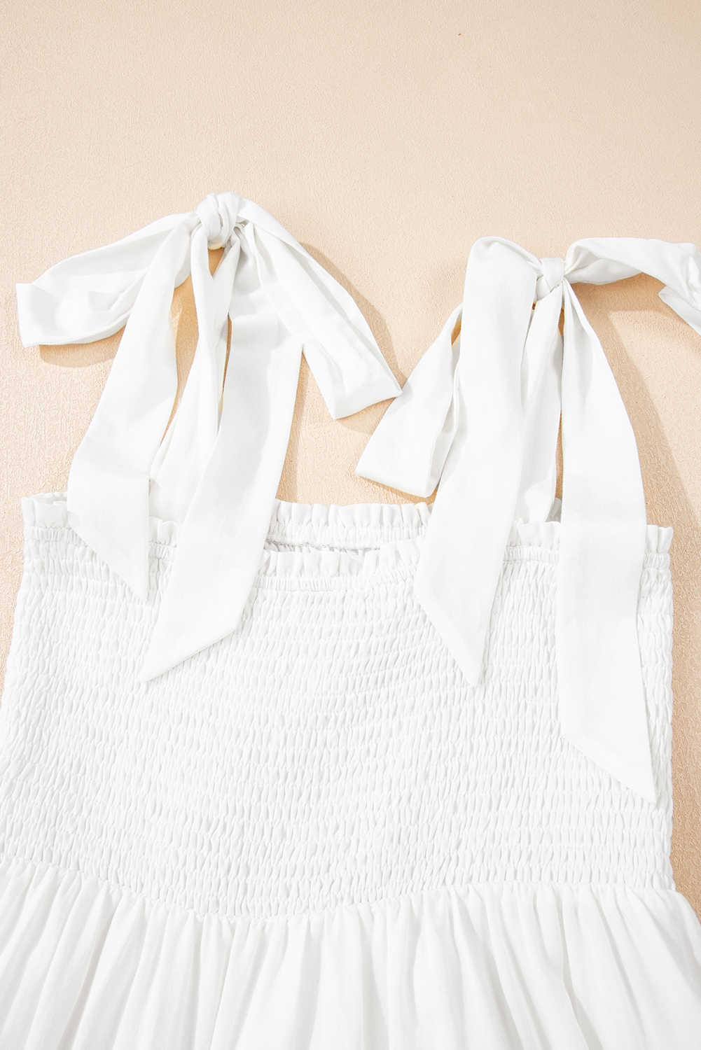 White Customizable Knot Straps Smocked Bodice Tiered Blank Maxi Dress