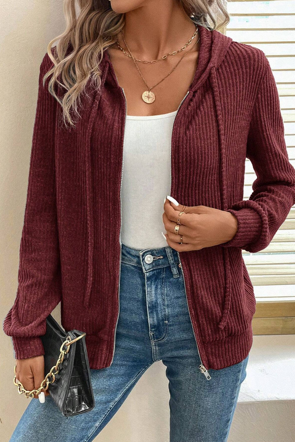 Dark Grey Ribbed Zip Up Front Drawstring Hoodie