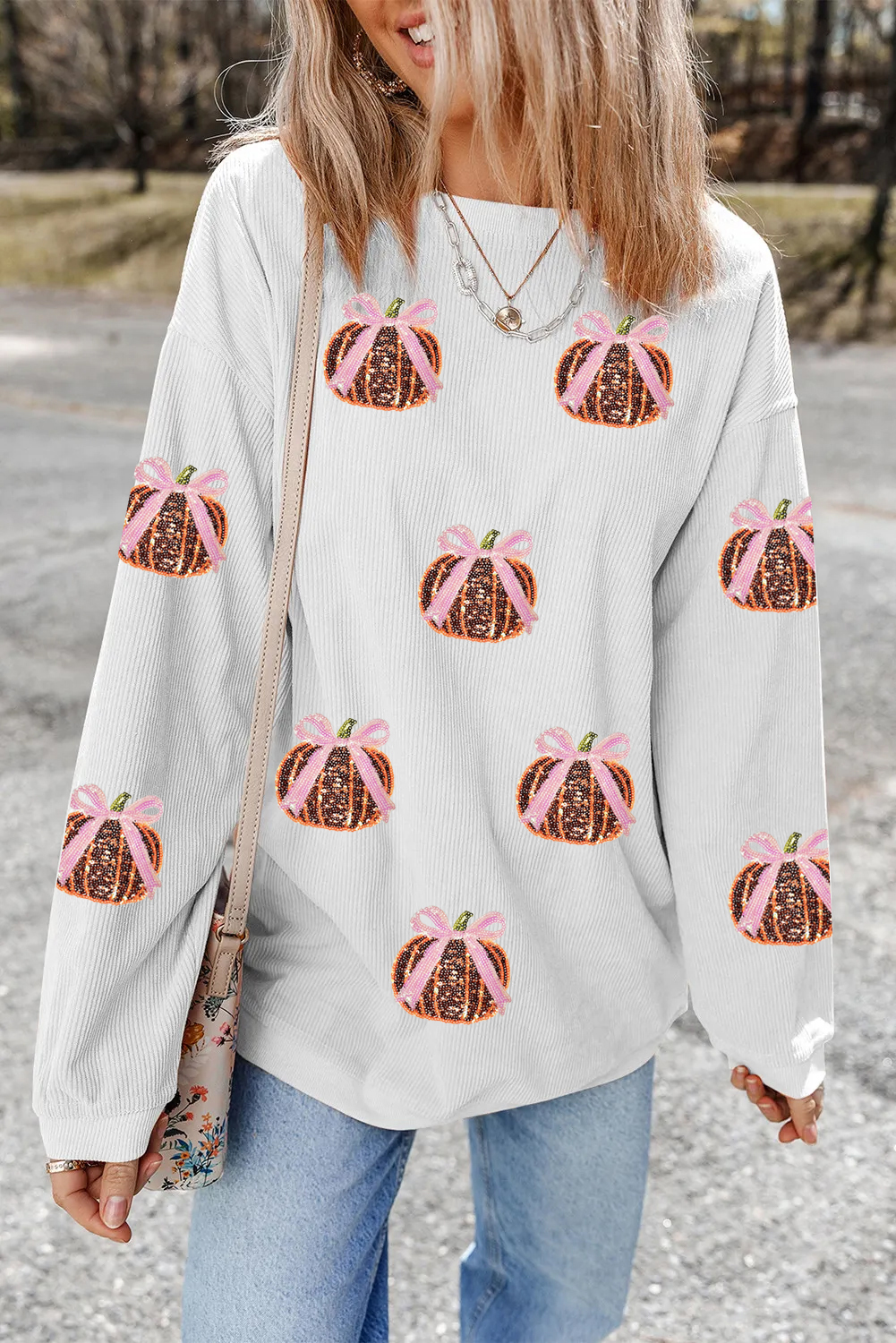 White Twisted Ribbed Sequin Bow Pumpkin Graphic Baggy Sweatshirt