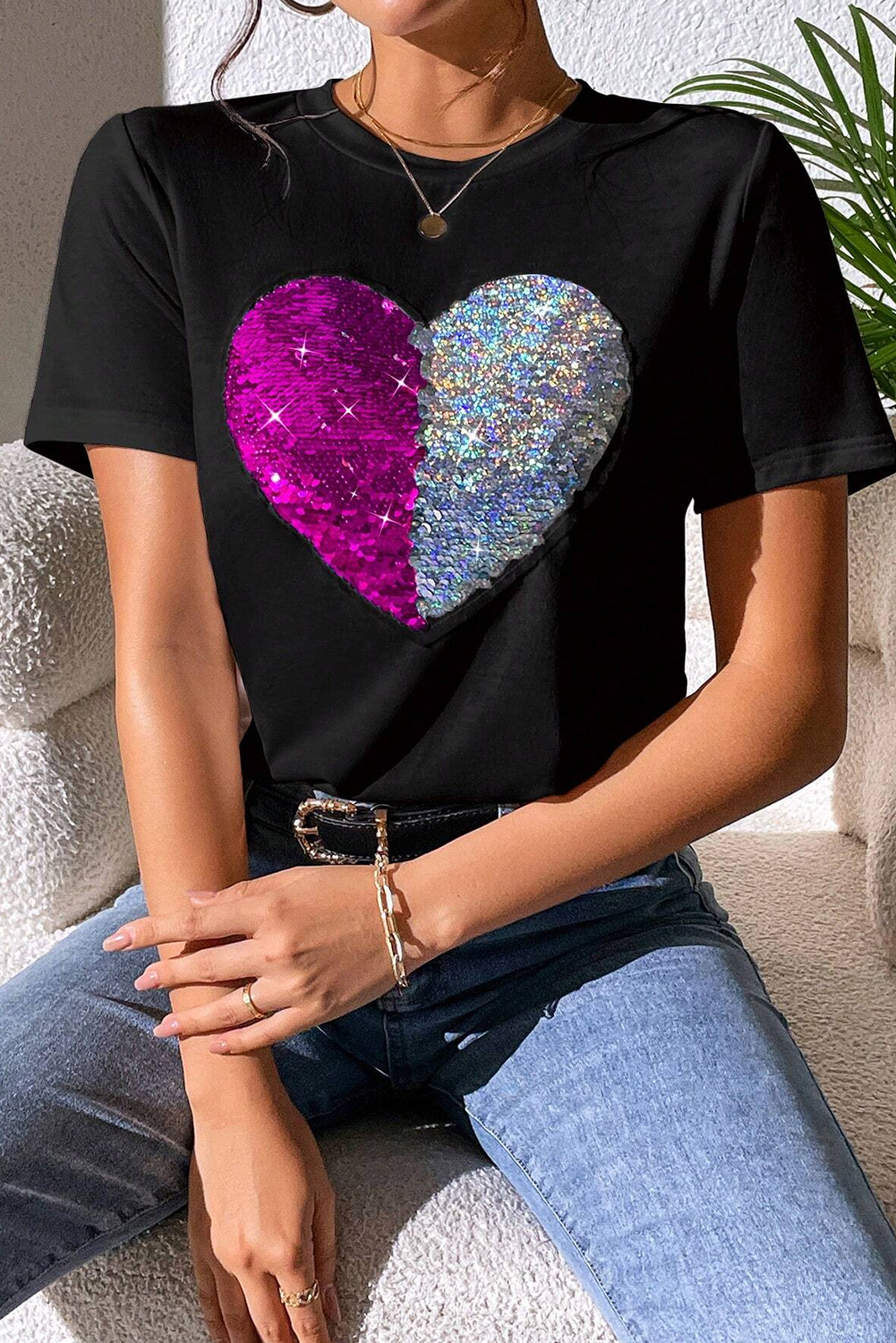 Red Leopard Striped Heart Shaped Print Crew Neck T Shirt
