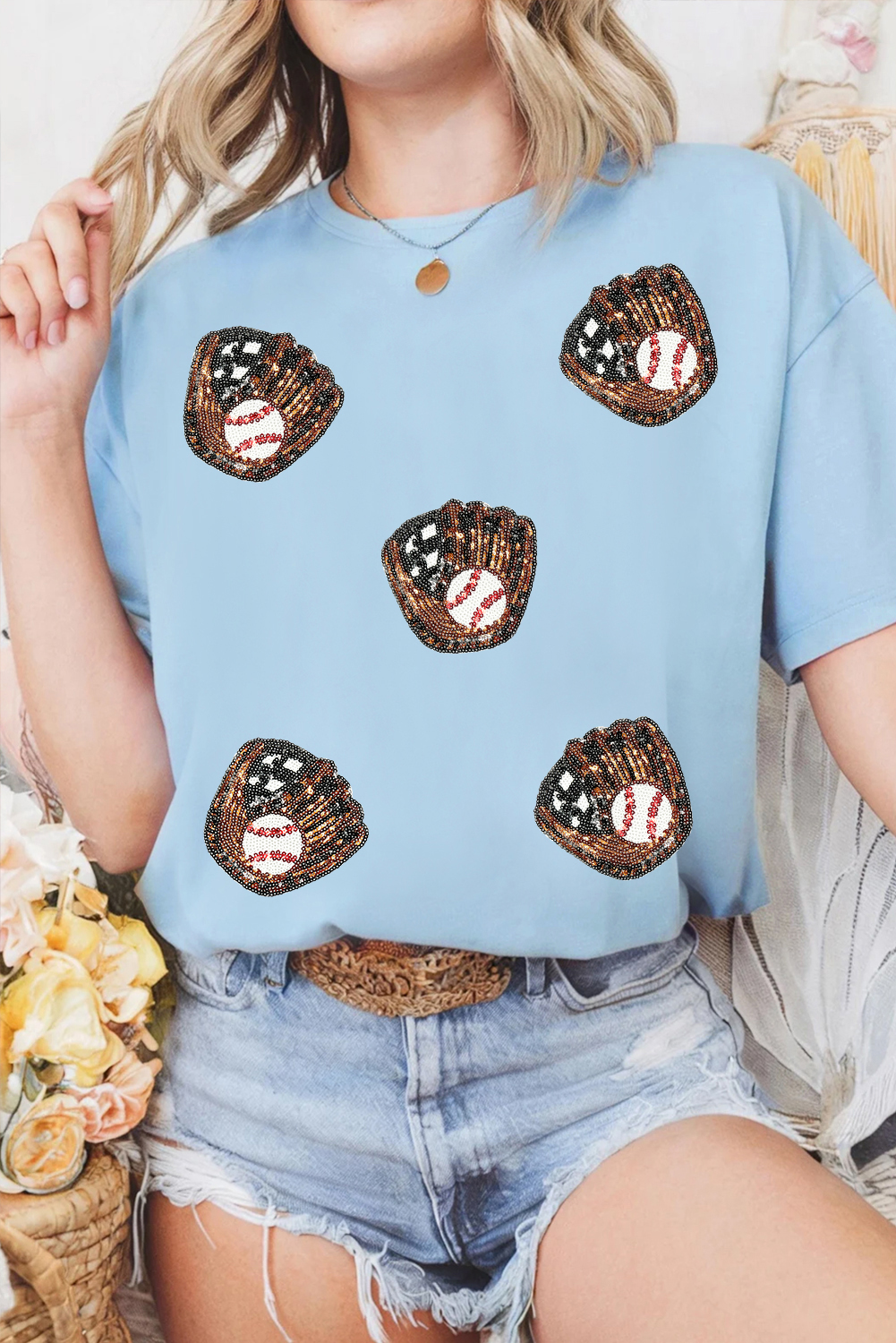 Light Blue Gopher Ball Sequin Patched Casual T Shirt