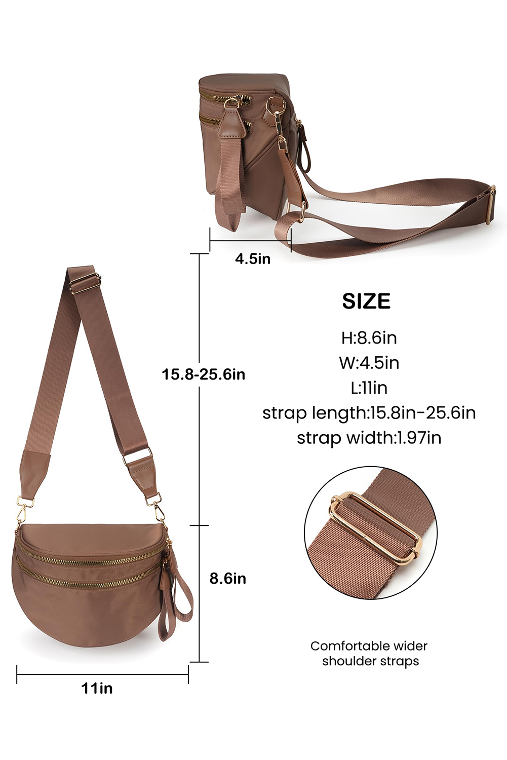 Light Grey Double Zip Crescent Shape Adjustable Sling Bag